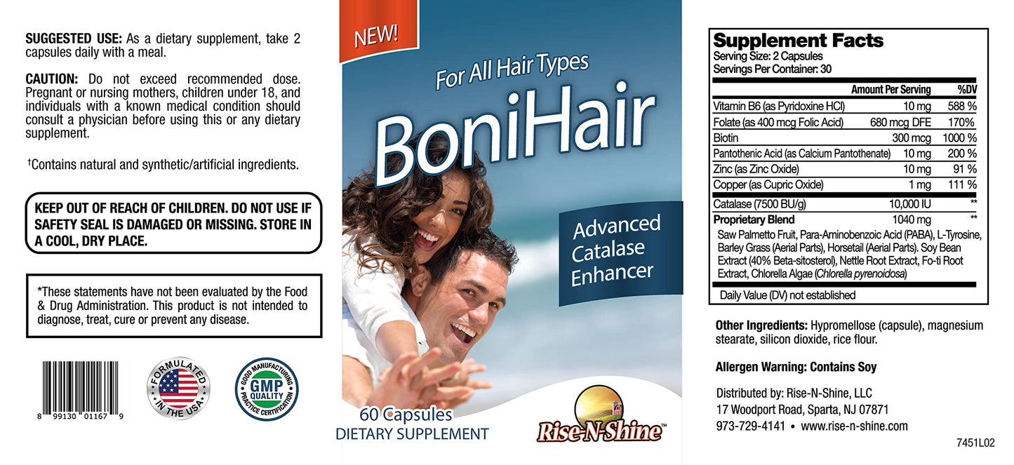 Rise-N-Shine BoniHair Catalase Supplement for Vibrant, Youthful Hair Support - 10,000 IU Catalase with Saw Palmetto, Biotin, Fo-Ti, PABA, 180 Capsules