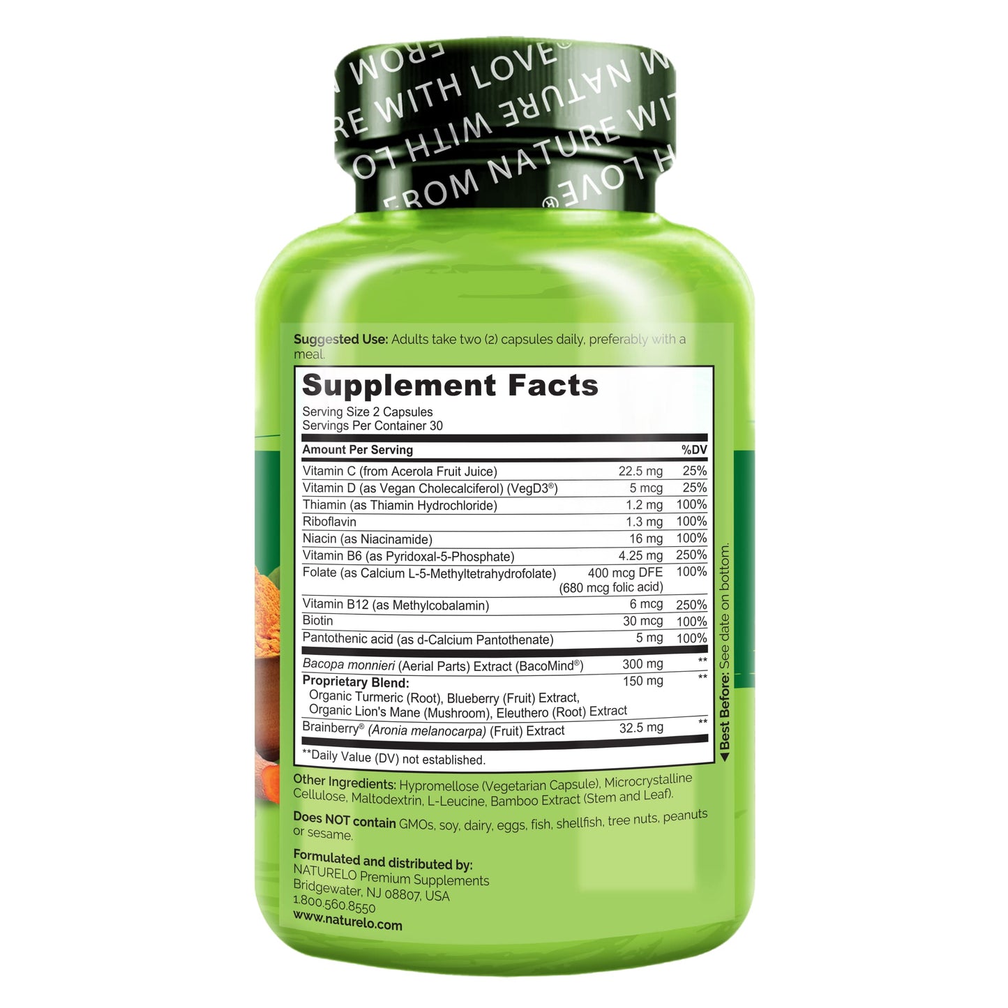 Naturelo Whole Food Brain Supplement for Focus Support Capsules, 60 Count