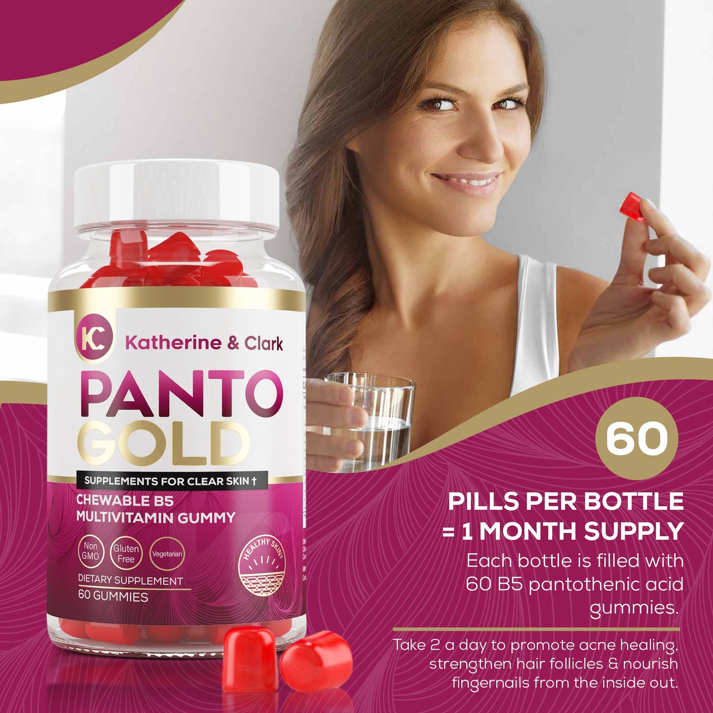 Katherine & Clark Panto Gold Vitamin B5 Pantothenic Acid Gummies - Chewable - 60 Count