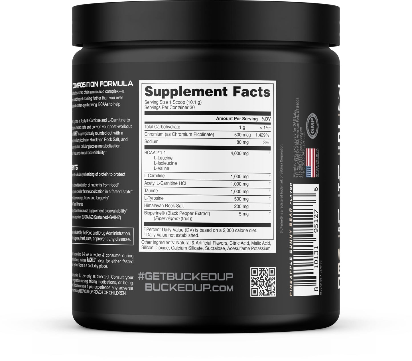 Bucked Up Racked White Gummy Deer Intra Workout BCAA 2-1-1 Formula with L-Carnitine Acetyl-L-Carnitine Taurine and L-Tyrosine Powder 10.7 Ounces