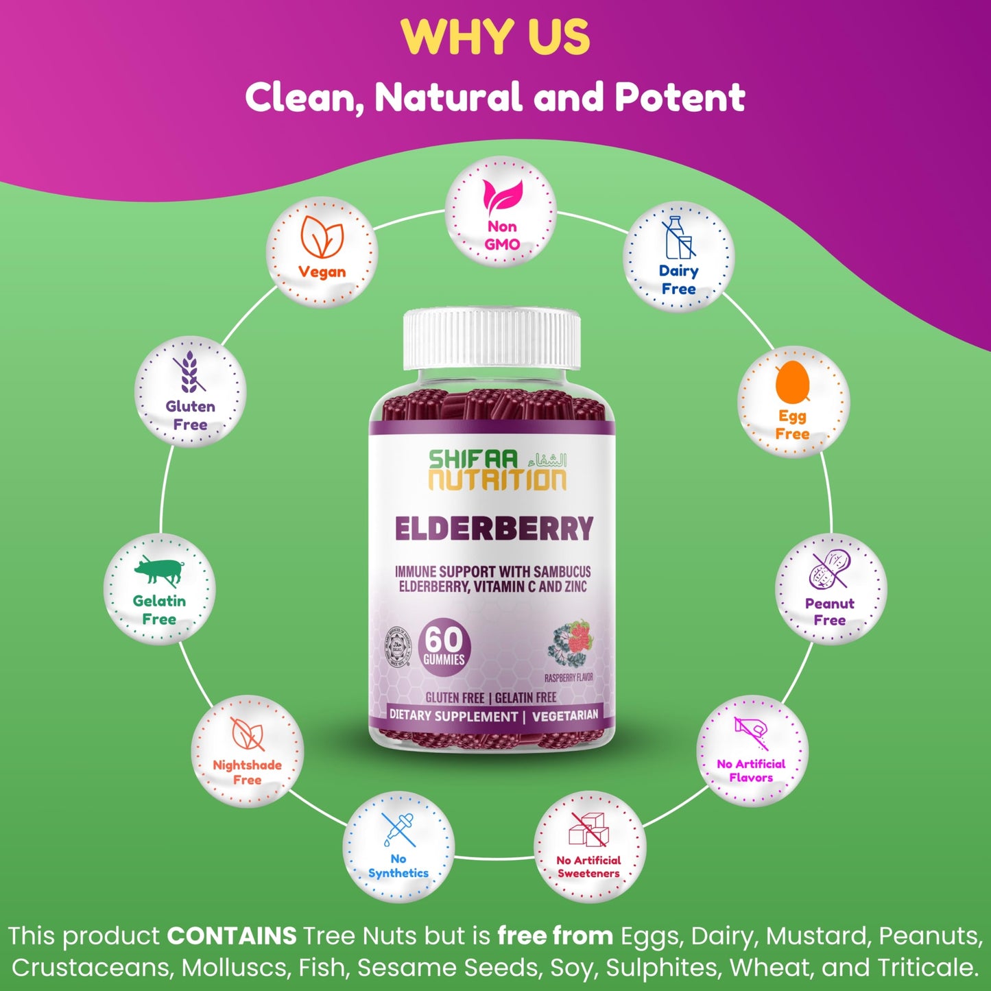SHIFAA NUTRITION Vegan Black Sambucus Elderberry Gummies, 60 Count
