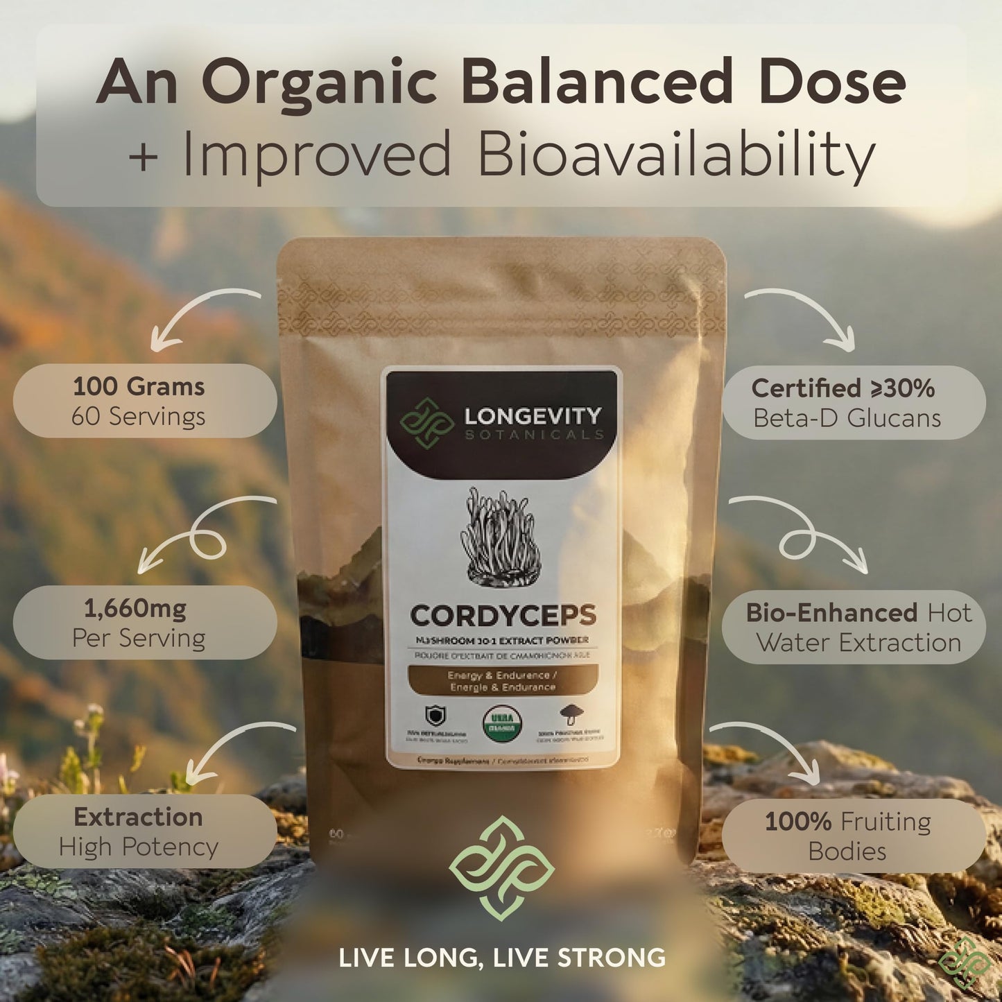 Longevity Botanicals Organic Cordyceps Mushroom Powder Supplement Extract Cordyceps Militaris Fruiting Body, ≥30% Beta-D-Glucans, 3.53 oz