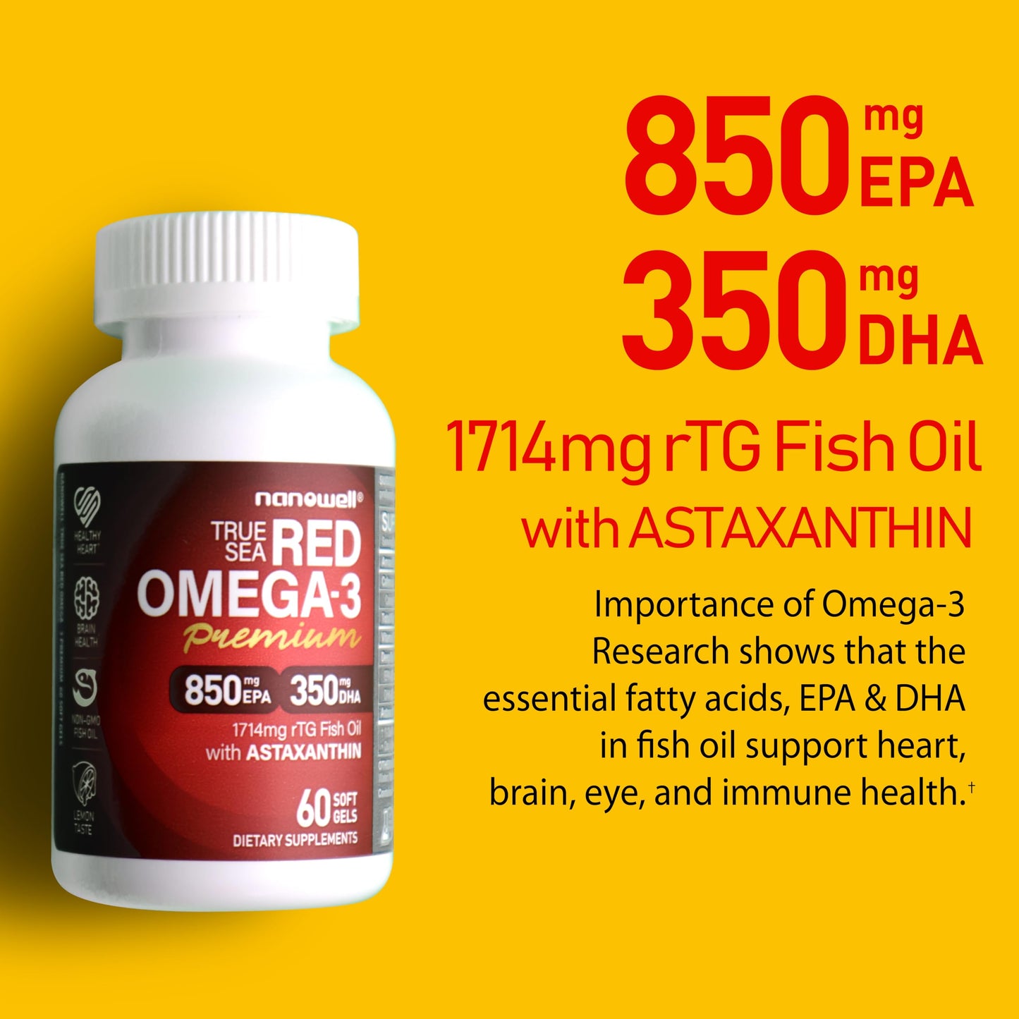 NANOWELL True Sea Red Omega-3 Premium with Astaxanthin, DHA & EPA - Immune Support, Fish Oil Softgels 60