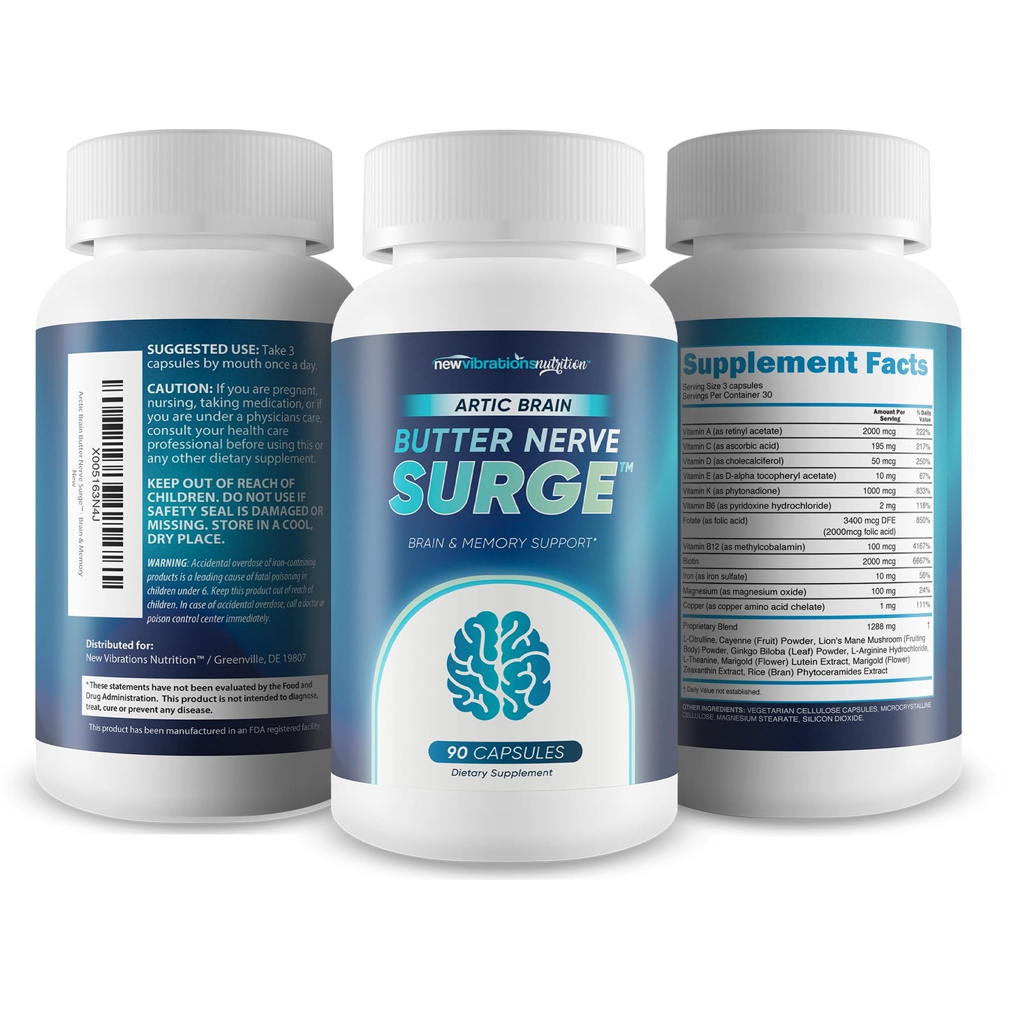 New Vibrations Nutrition Arctic Brain Butter Nerve Surge Capsules 90