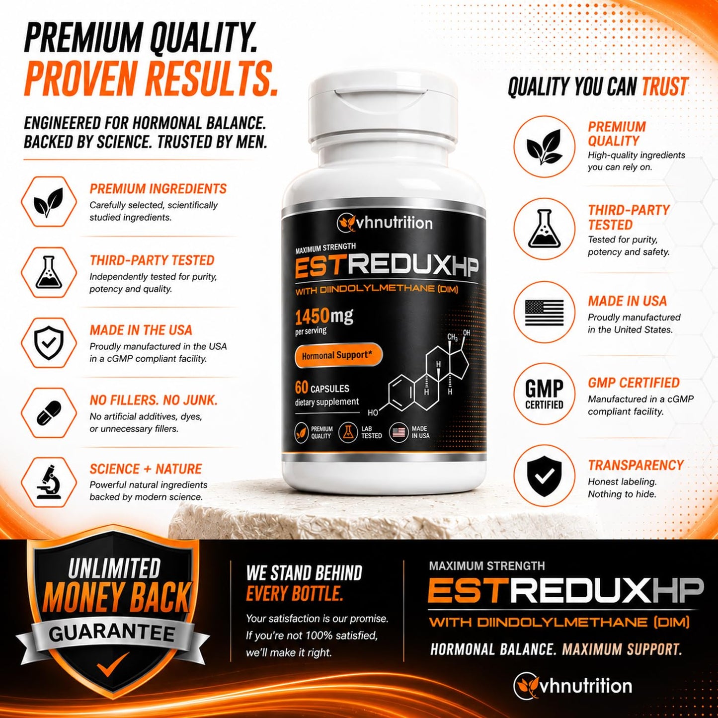 VH Nutrition ESTREDUX HP - with DIM Estrogen Blocker for Men* 1450mg of Maximum Strength Hormone Support, Tongkat Ali, Ashwagandha Capsules 30