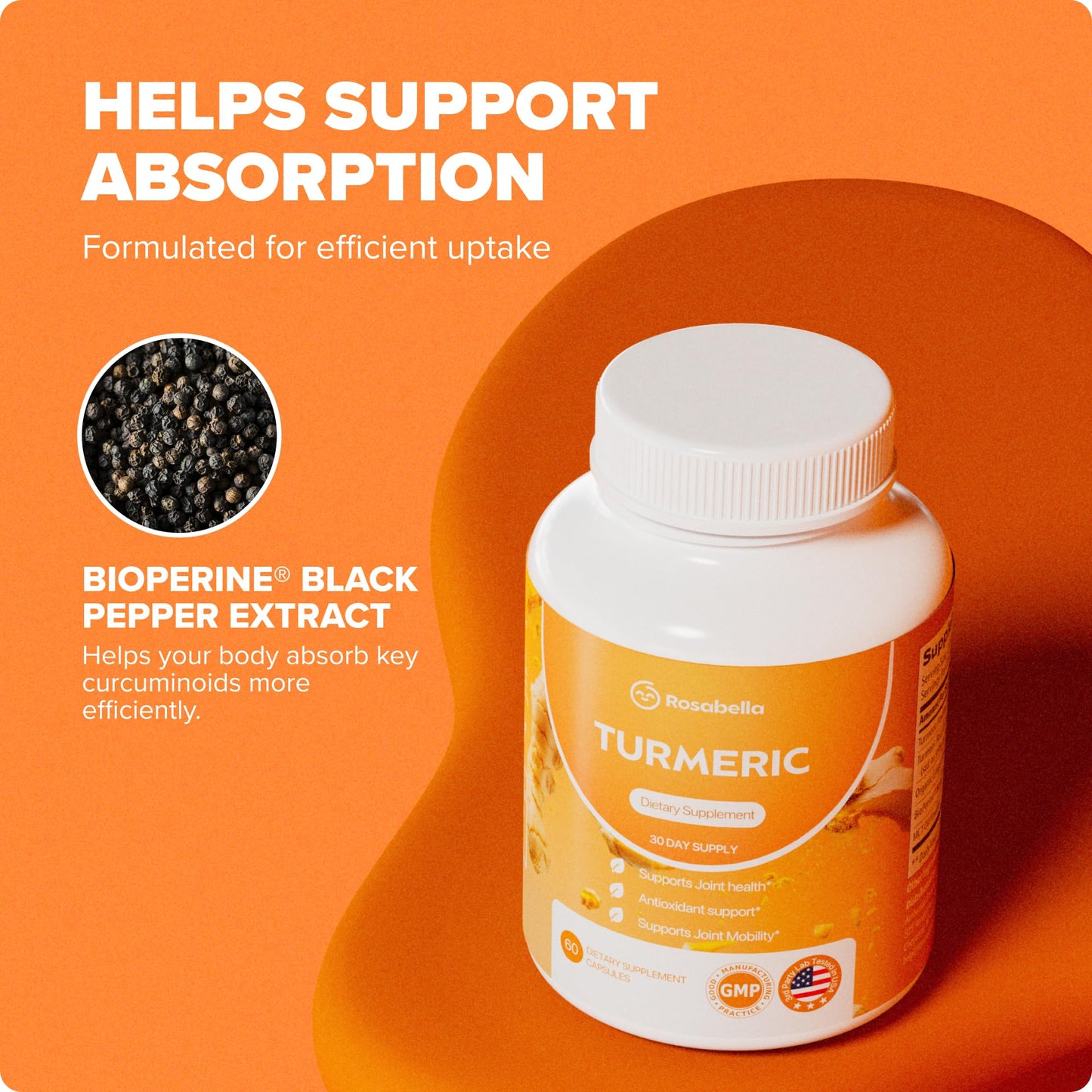 Rosabella Turmeric Curcumin Supplement Capsules, 60 Count