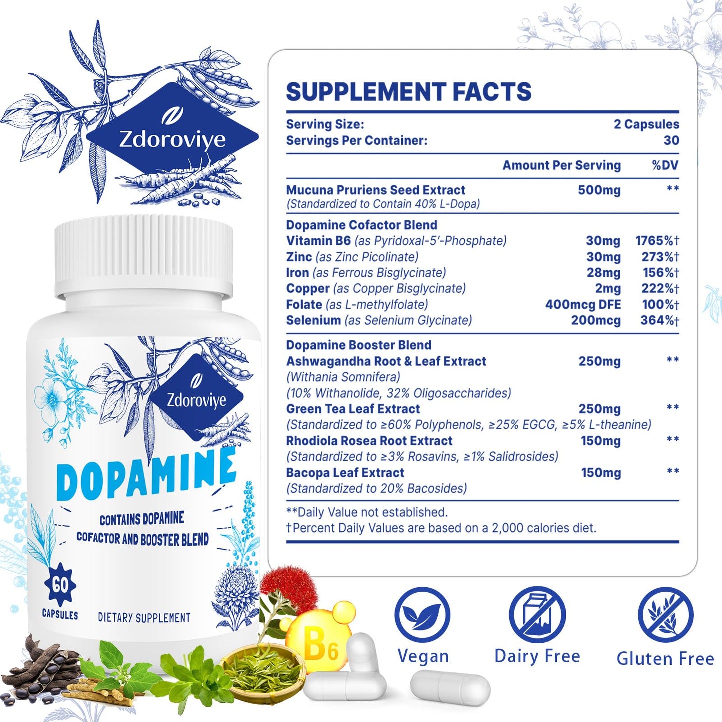 Zdoroviye Dopamine Supplements for Men and Women Capsule, 60 Count