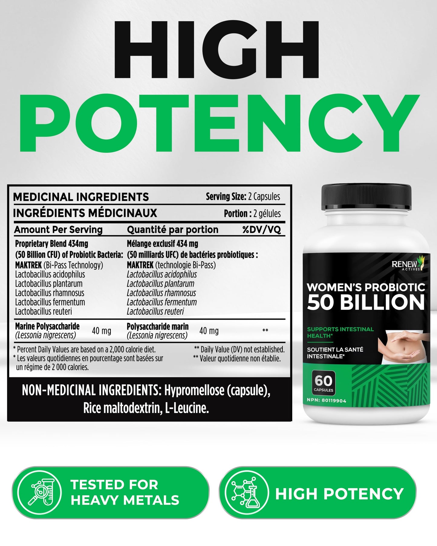Renew Actives Probiotics for Women 50 Billion CFU per 2 Capsules, MAKTREK Technology, 4 Probiotic Strains & Prebiotic Blend, 60 Capsules
