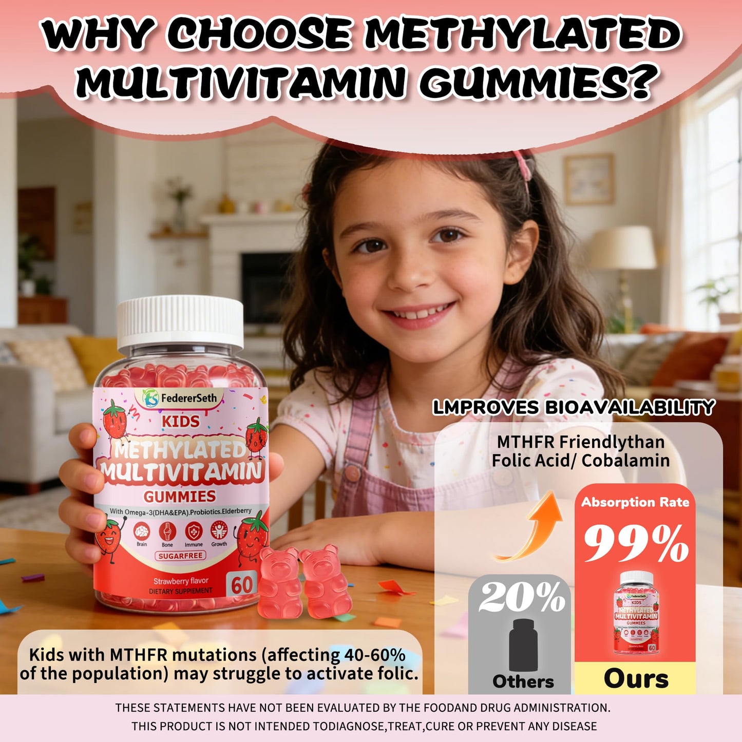 FedererSeth Methylated Multivitamin Gummies for Kids & Teens with Omega-3, Methylfolate & B12, Calcium, Probiotics, Elderberry - 60 Gummies