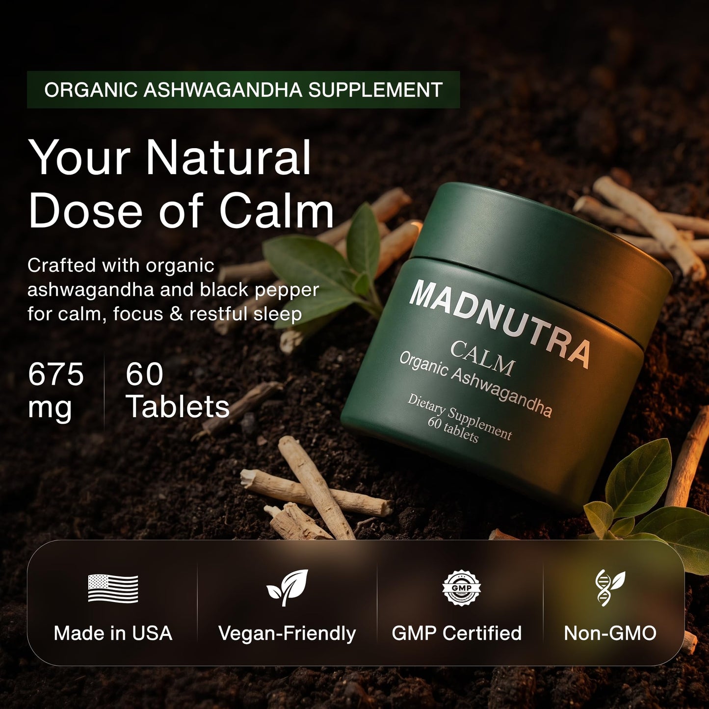MadNutra Ashwagandha 675mg Organic Ashwagandha Supplement for Stress Management, Non-GMO, Premium Adaptogen Tablets, 60 Count