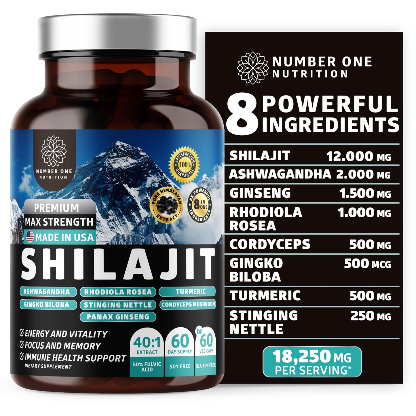Number One Nutrition Shilajit Complex 8-in-1, 50% Fulvic Acid, Ashwagandha Rhodiola, 60 Capsules