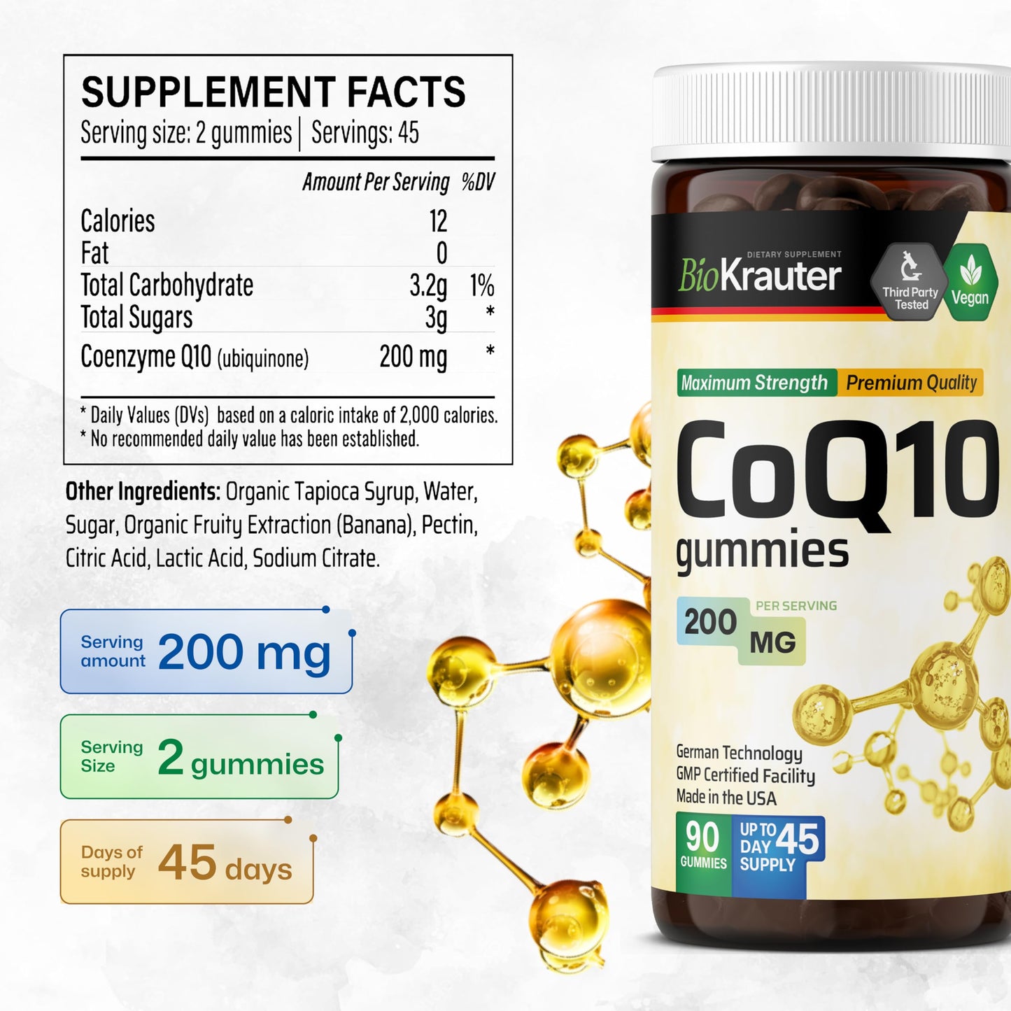 BIO KRAUTER CoQ10 200mg for Energy Production Gummy 90 Count