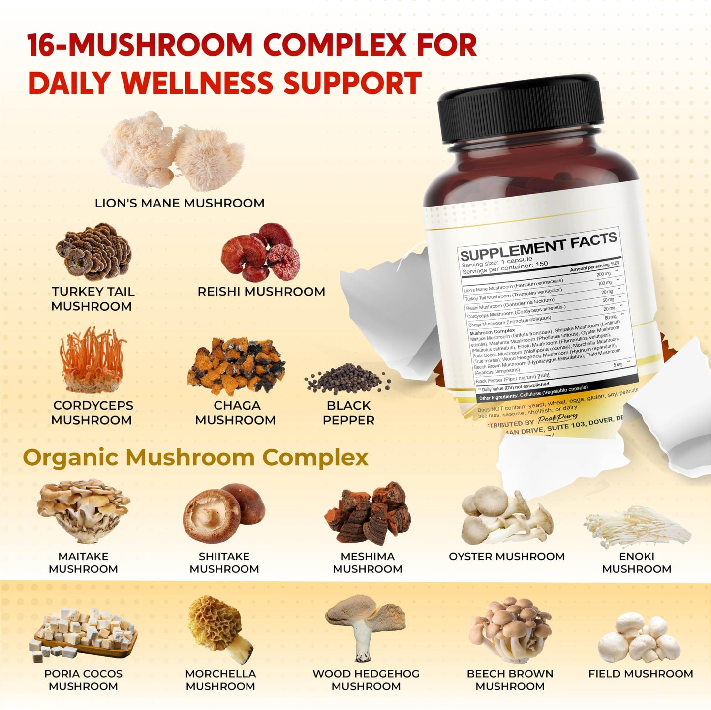 PEAKPURY Lion's Mane Turkey Tail Cordyceps Reishi Chaga Capsules 150 Count