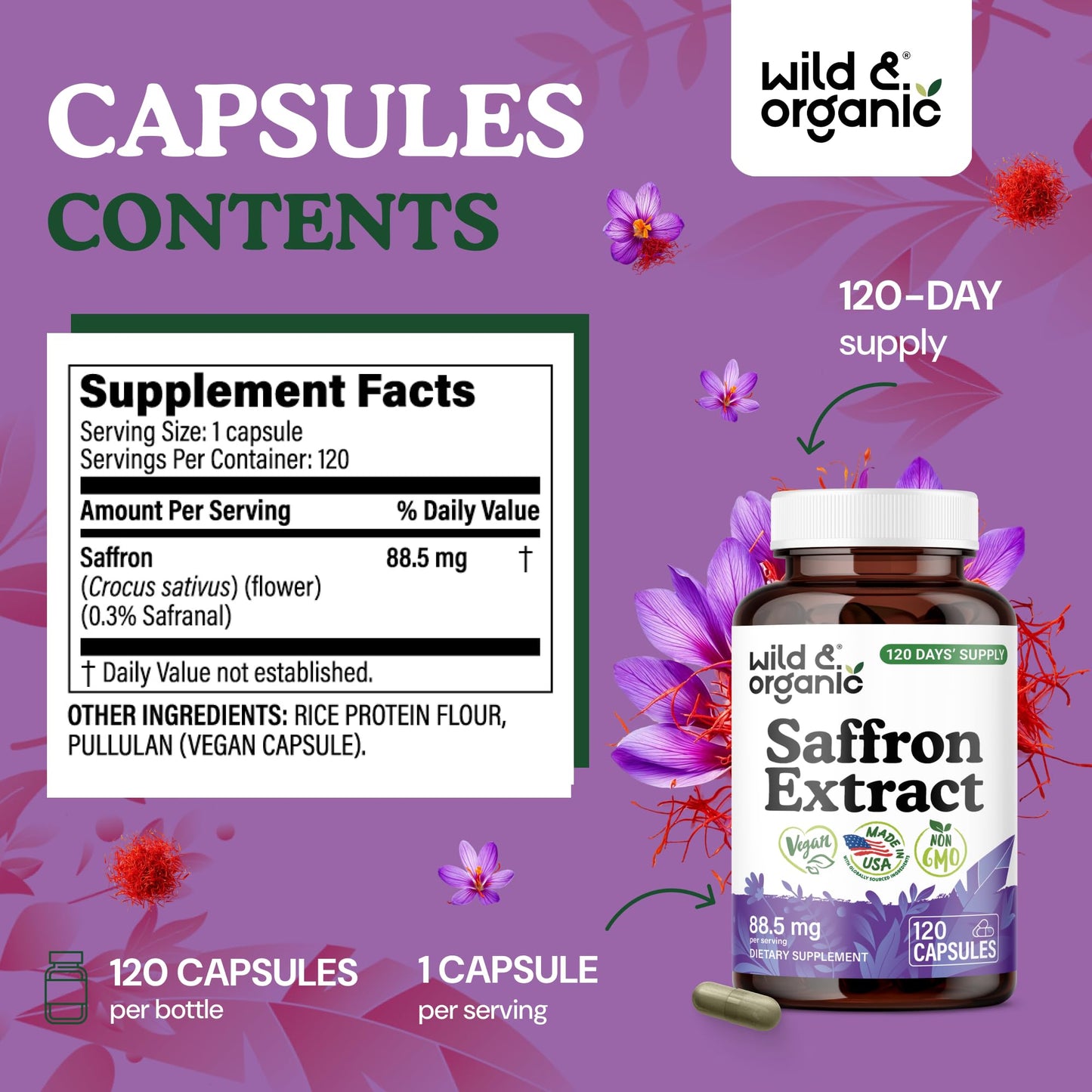 Wild & Organic Saffron Capsules 88.5 mg, 120 Capsules