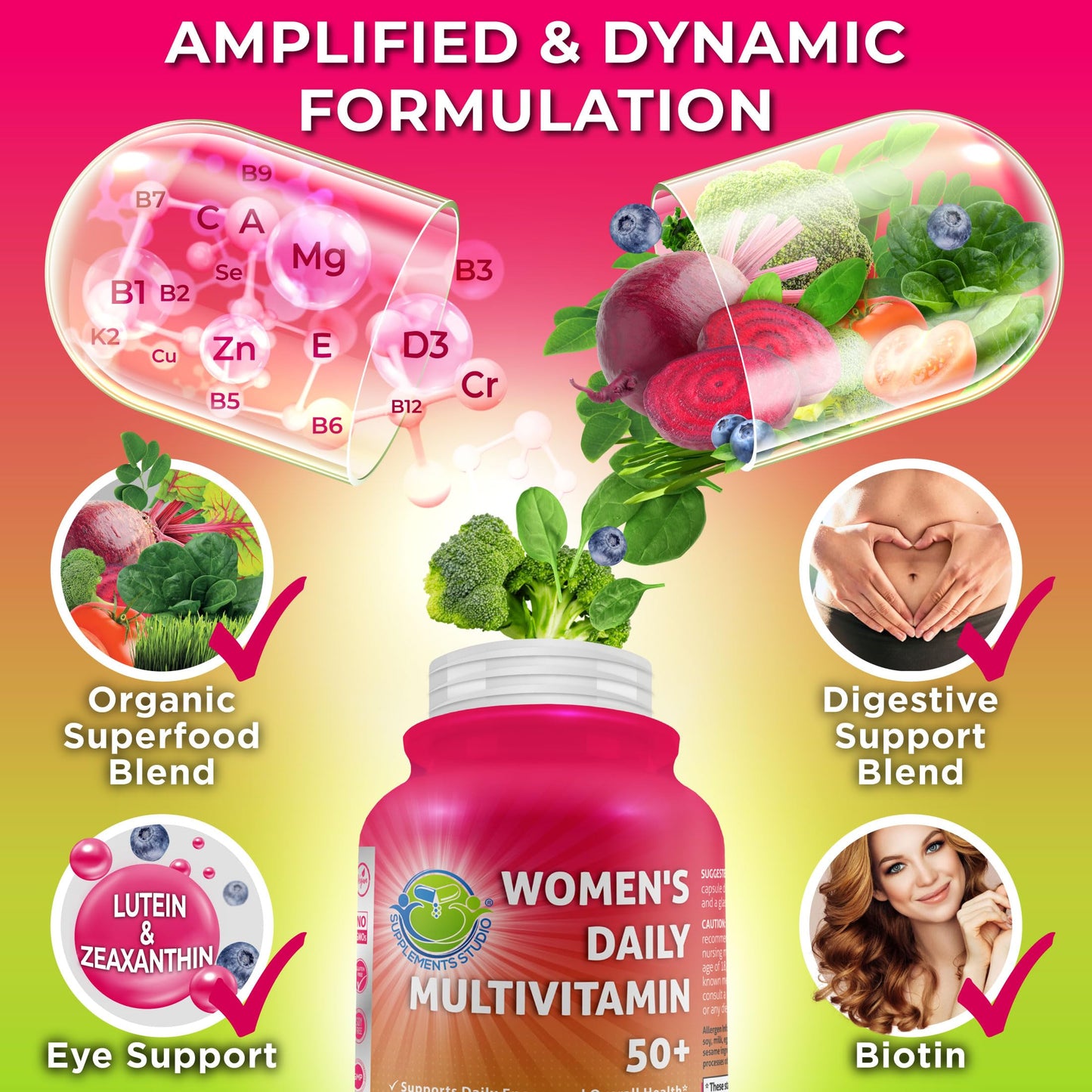 SUPPLEMENTS STUDIO Vegan Bundle for Hormone Balance, Energy, Immunity Women’s Daily Multivitamin 50+ with Organic Superfood Blend + DIM 200mg Supplement with BioPerine Capsule, 120 Count