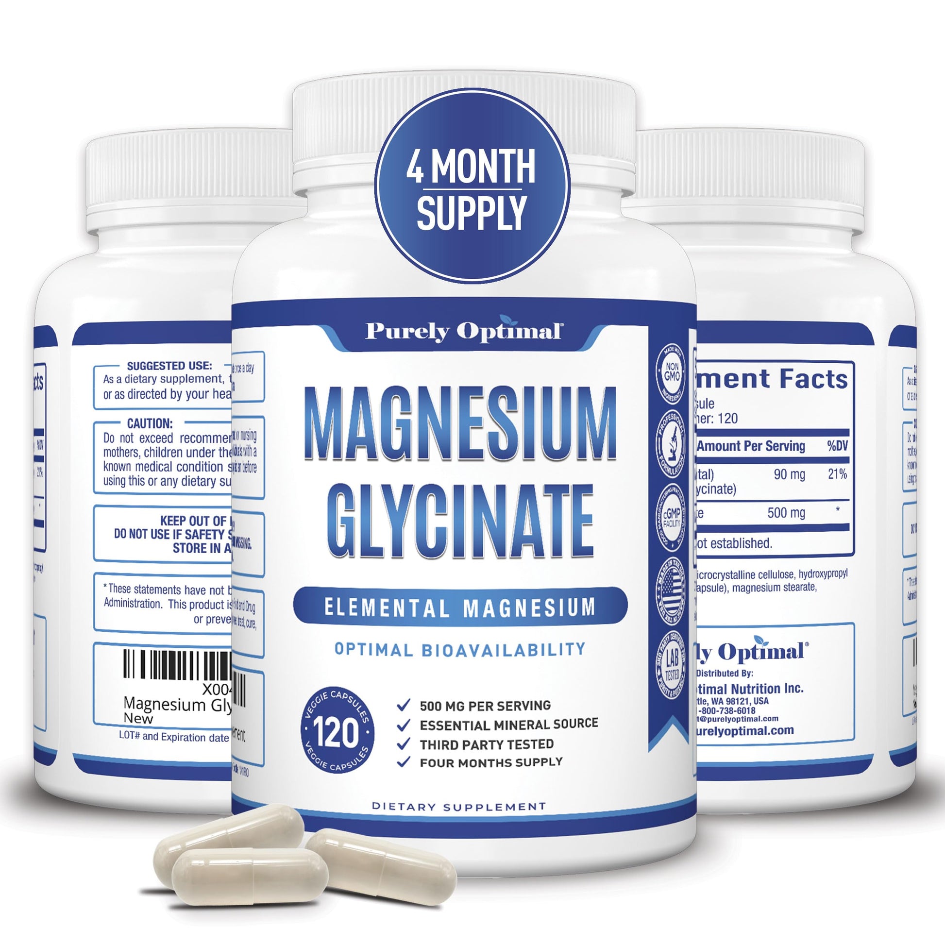 Purely Optimal Magnesium Glycinate 500mg Sleep Support & Stress Relief, Gentle, High Absorption Magnesium Supplement for Muscle Relaxation, Calm & Nerve Support, 120 Capsules
