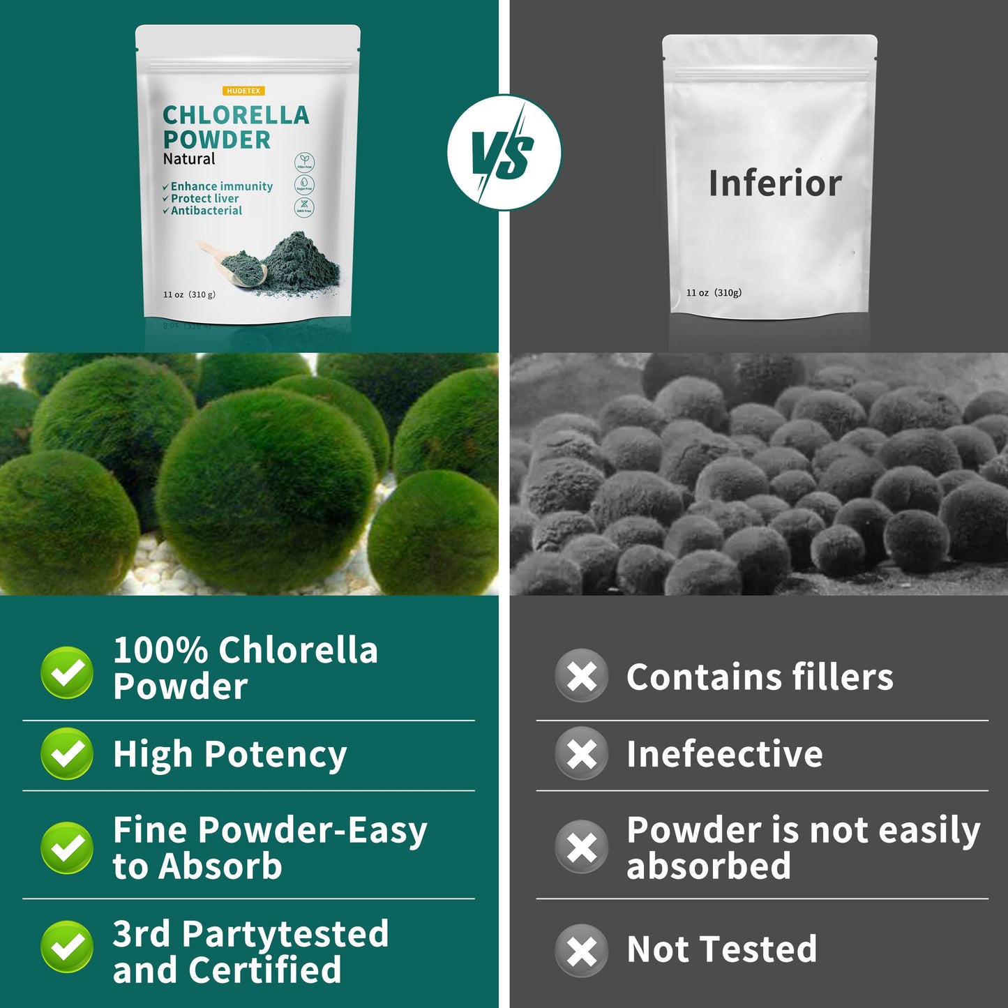 Hudetex Chlorella Powder Natural 10.98 Ounce