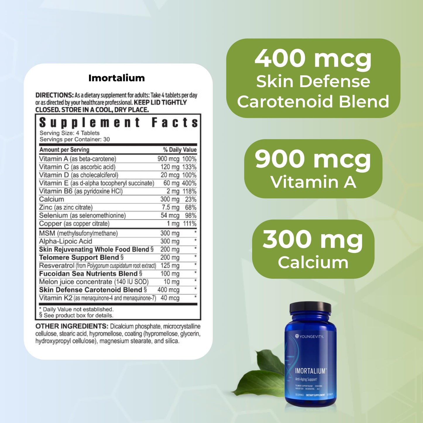 Youngevity Imortalium® - Anti-Aging Telomere Health, Fucoxanthin, Carotenoid Blend, Fucoidan Blend, MSM, Glutathione, Skin Rejuvinating Blend + 12 Whole Foods 120 Tablets