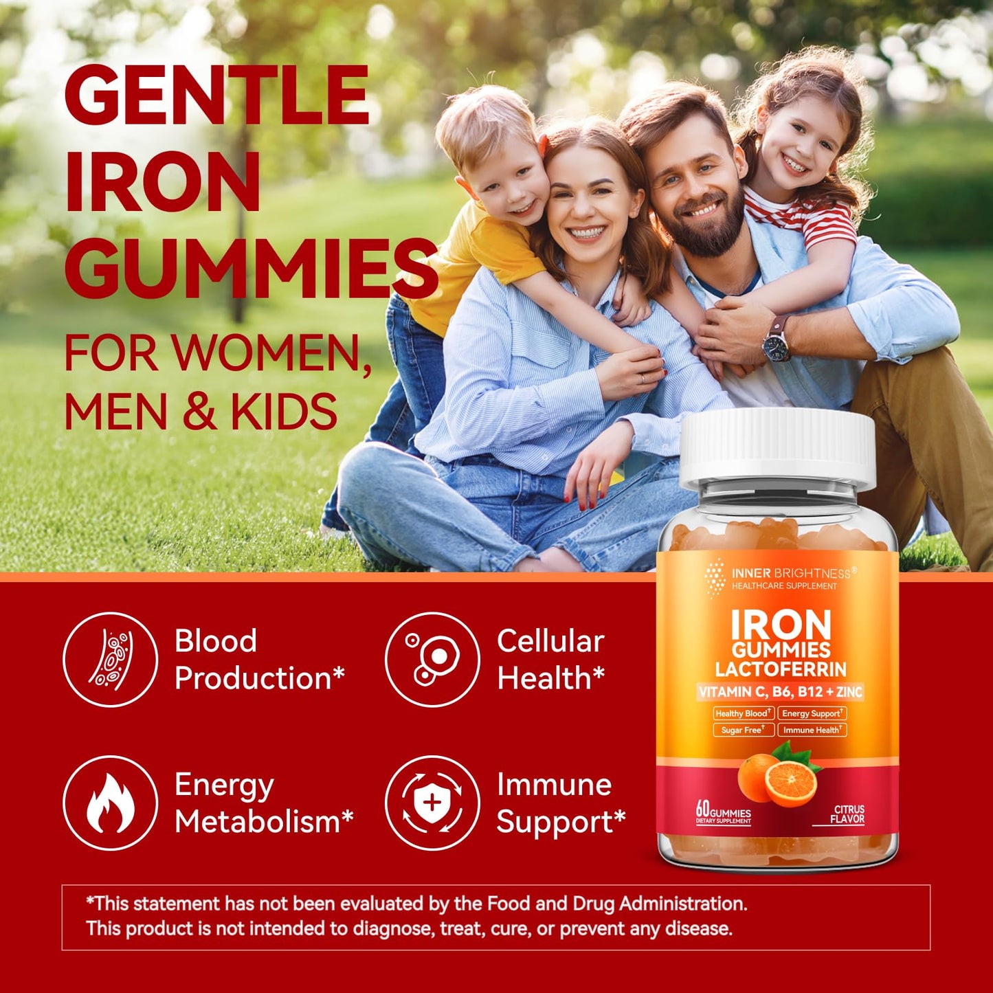 Inner Brightness Iron Supplement Gummies with Lactoferrin, Vitamin C, B6, B12 & Zinc, 60 Gummies