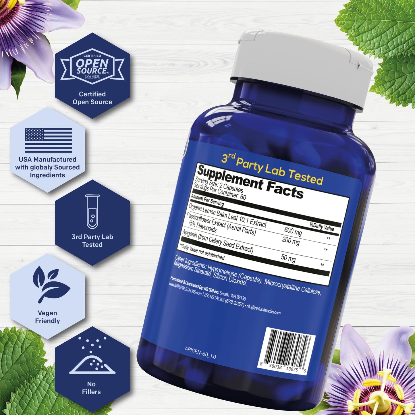 Natural Stacks Apigenin 50mg Sleep Supplement With Lemon Balm 600mg Capsules, 120 Capsules