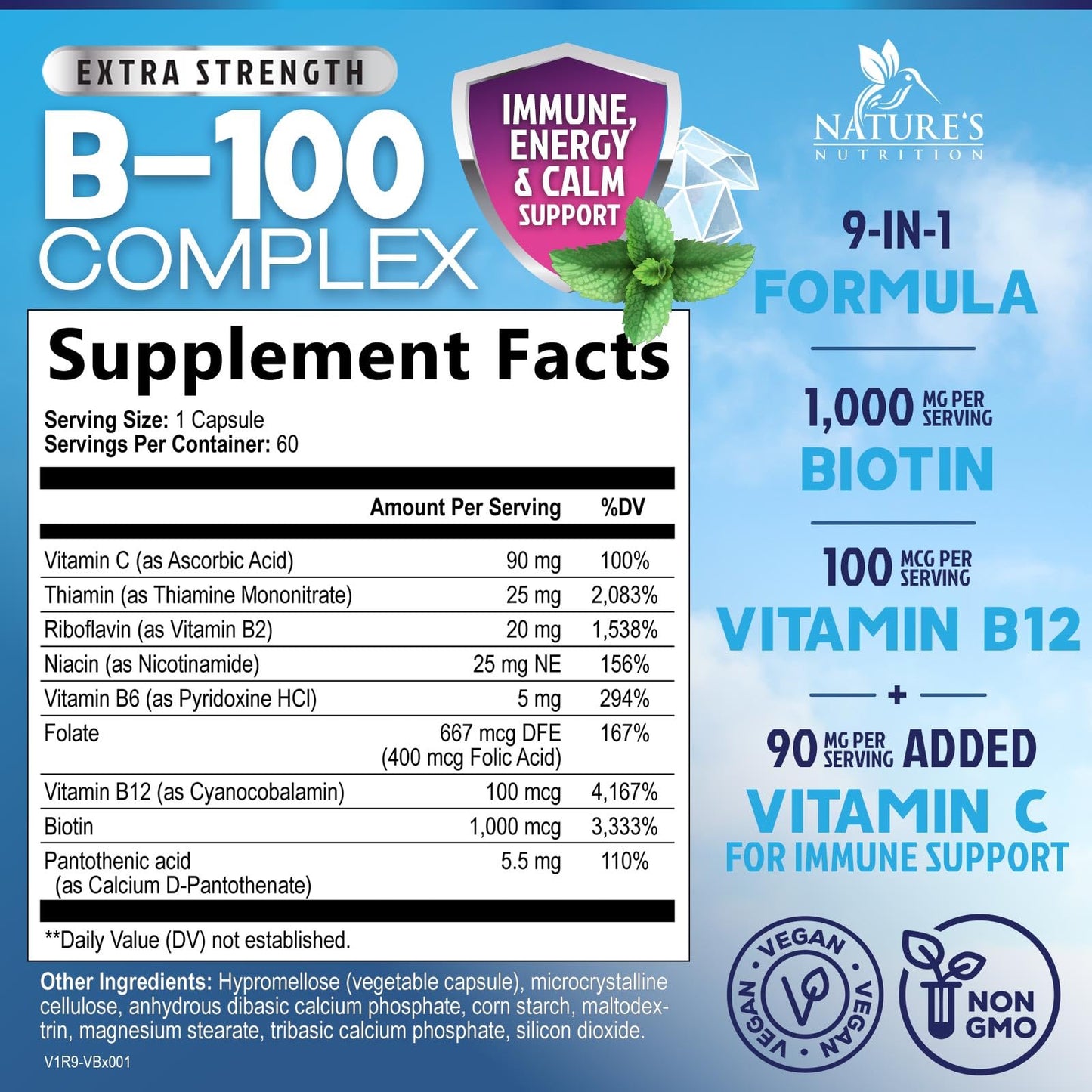Nature's Nutrition B Complex Vitamins Capsules - Super Complete B-100 Complex with Vitamin B12 B6 C Biotin Folate & Folic Acid for Immune & Energy Support, 60 Capsules