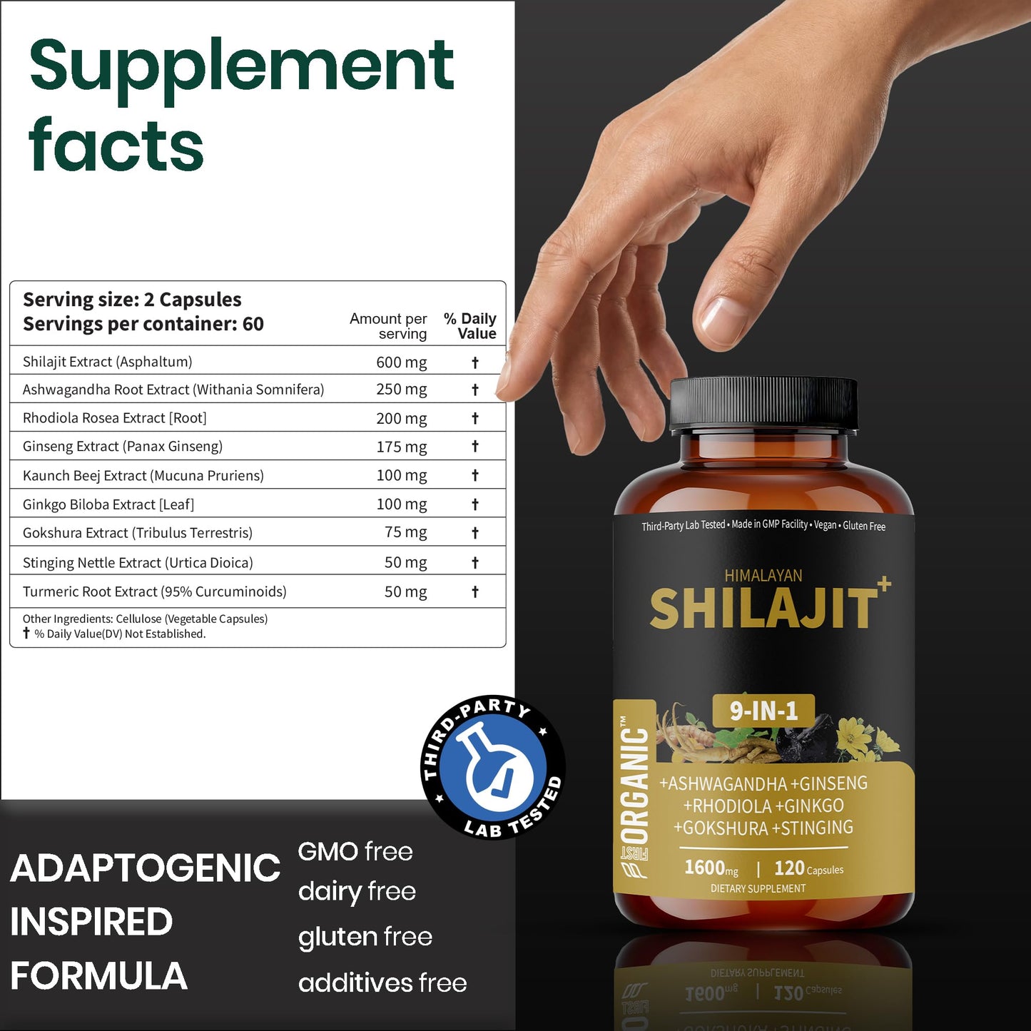 FIRSTORGANIC Himalayan Shilajit Vitality Guard+ Complex 1600mg Capsules, 120 Count, Energy & Vitality Support with Ashwagandha, Rhodiola & More