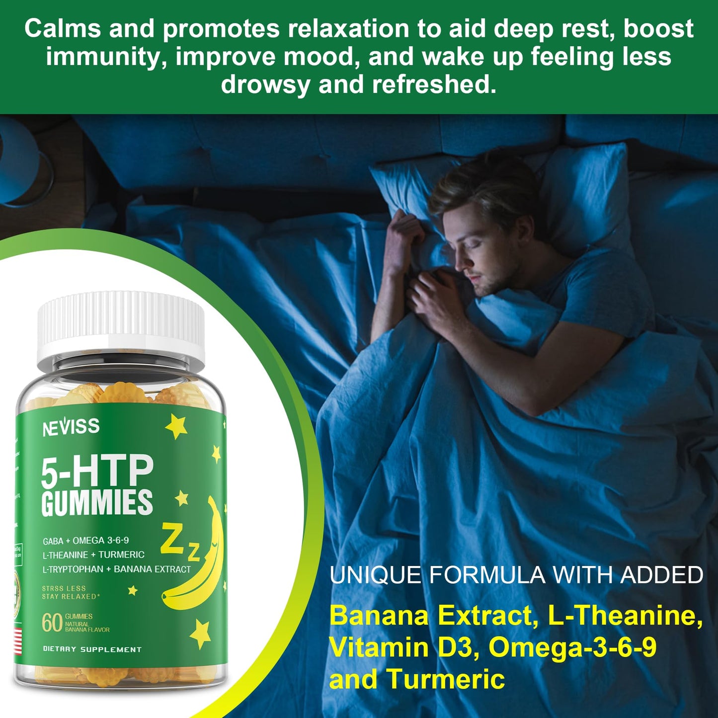 NEVISS 5-HTP 400mg Gummies + GABA - Melatonin Free, 60 Gummies