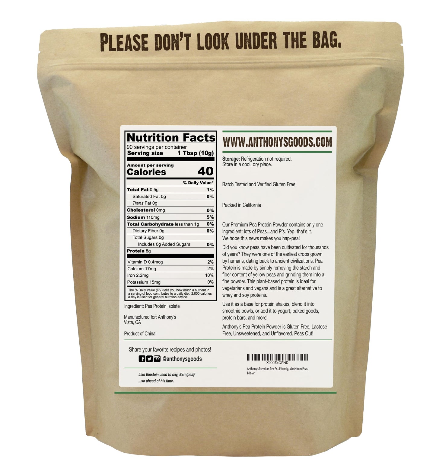 Anthony's Premium Pea Protein Powder, 32 oz