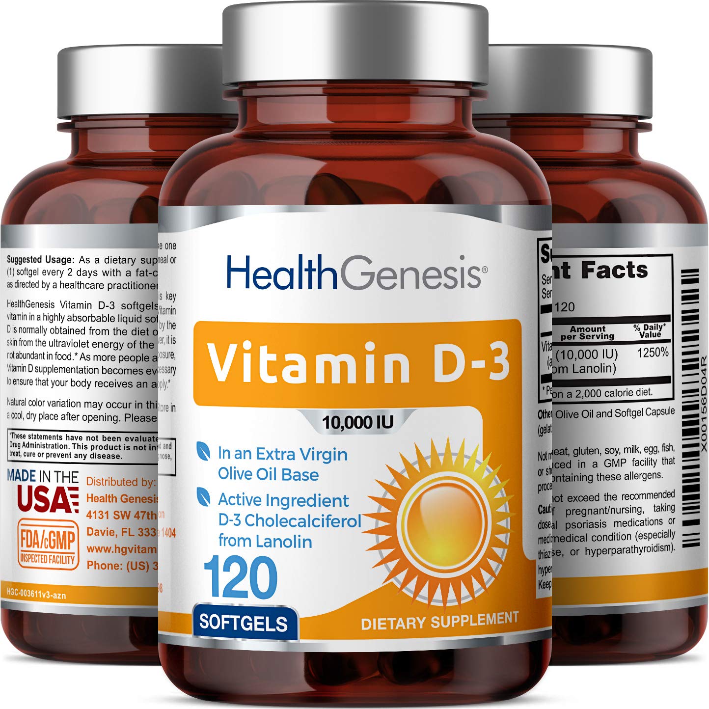 Health Genesis Vitamin D-3 10000 IU Softgels, 120 Count