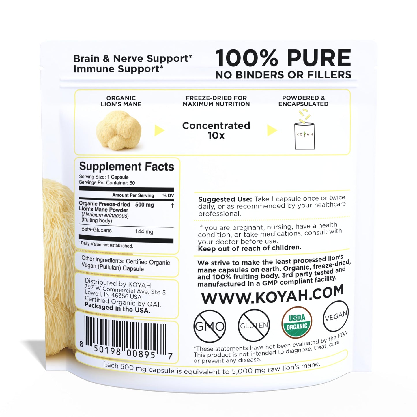 KOYAH Organic Lion's Mane Mushroom Capsules, Freeze-Dried, 60 Count
