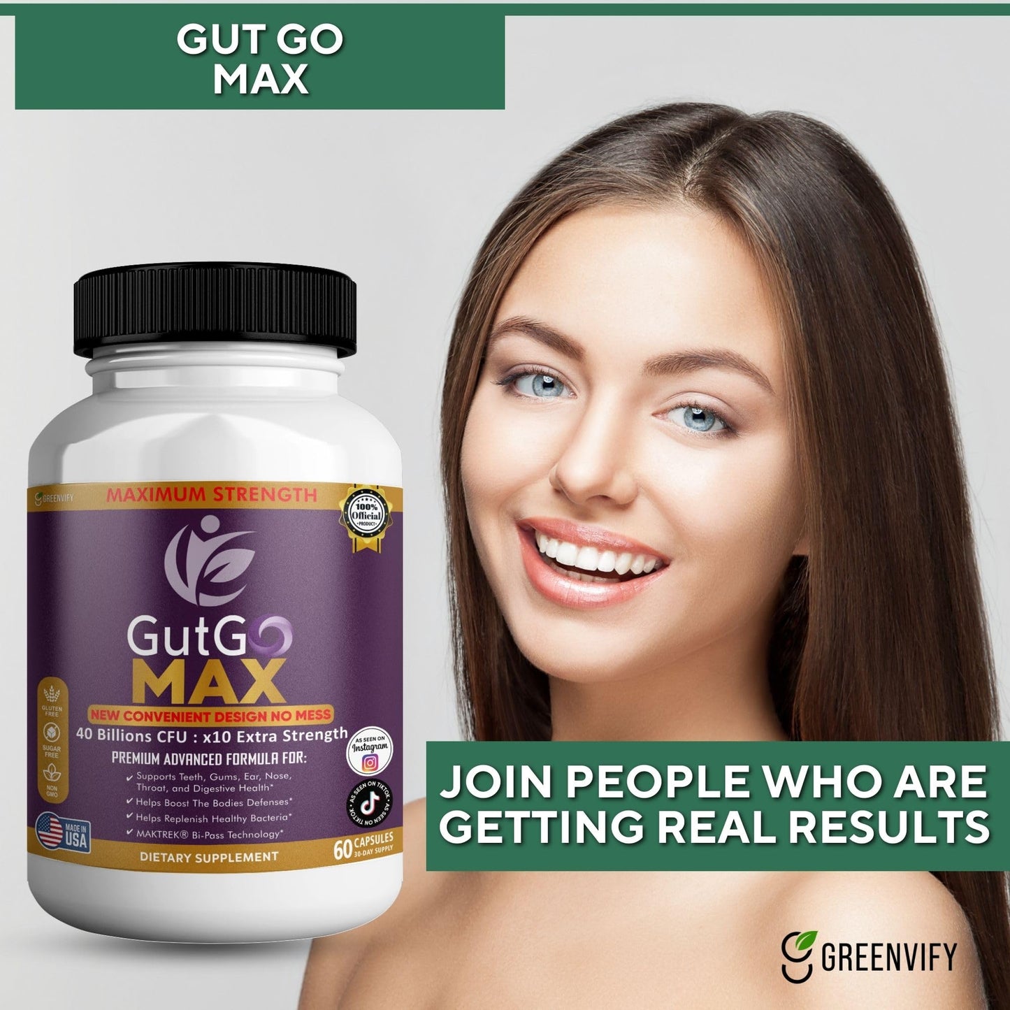 GREENVIFY GutGo Max Probiotic Supplement Capsule, 60 Capsules, 40 Billion CFU, Maximum Strength, Gluten Free, Sugar Free