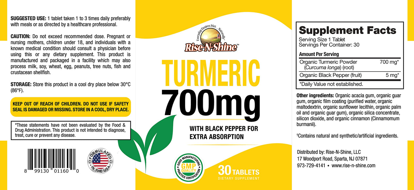 Rise-N-Shine 700 mg Turmeric Curcumin with Black Pepper Herbal Supplement 30 Tablets