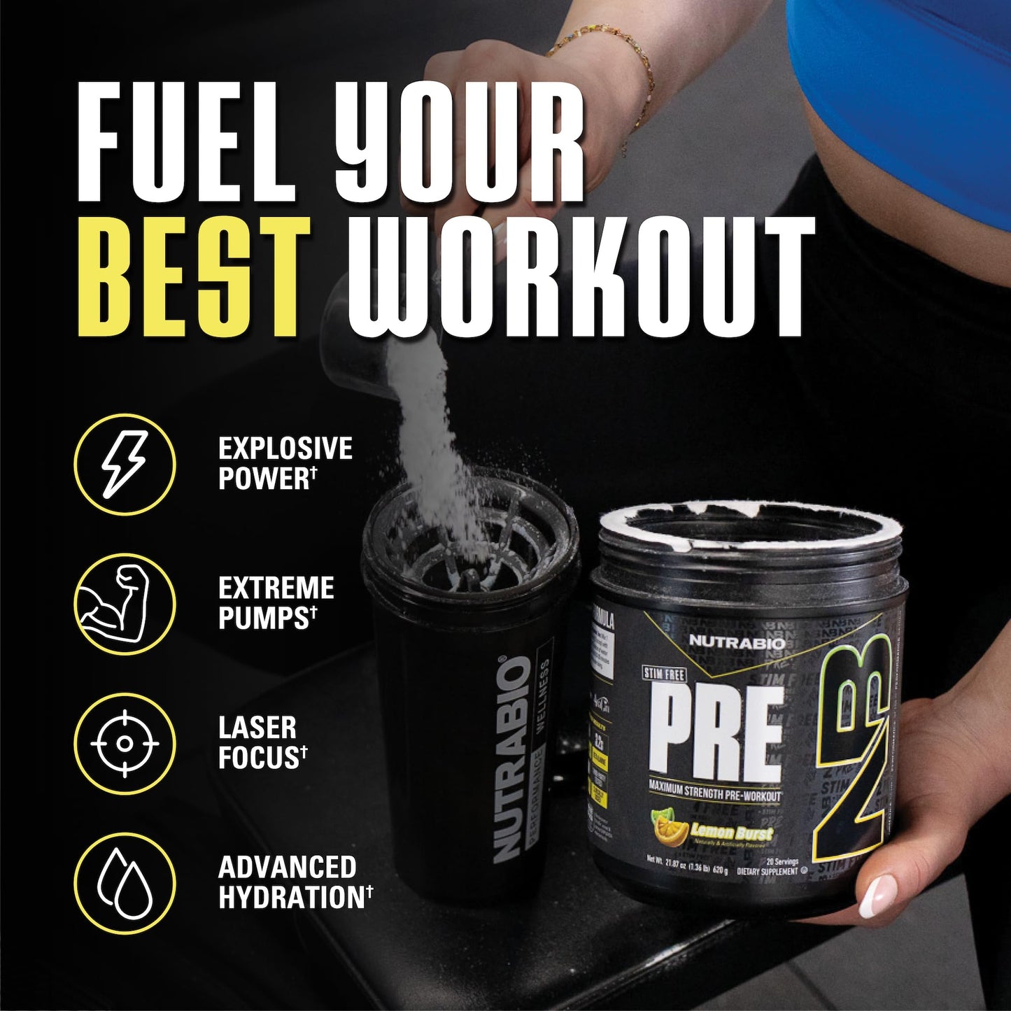 NutraBio STIM-Free PRE Workout for Men Powder, 20 Servings, Lemon Burst