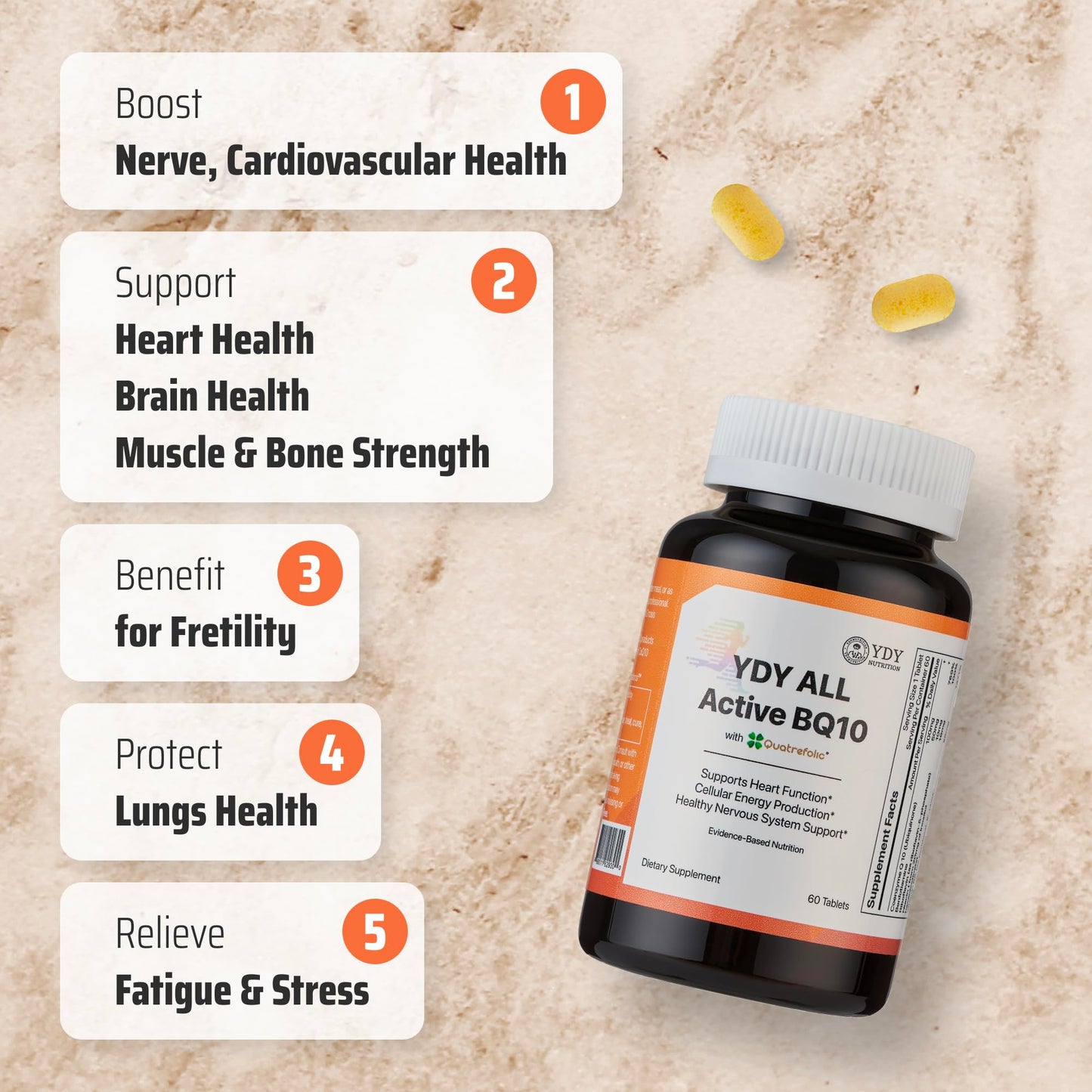 YDY Nutrition All Active BQ10 CoQ10 100mg Vitamin B Complex (B1, B2, B3, B6, B7, B9, B12, Pantethine) Tablets, 60 Count