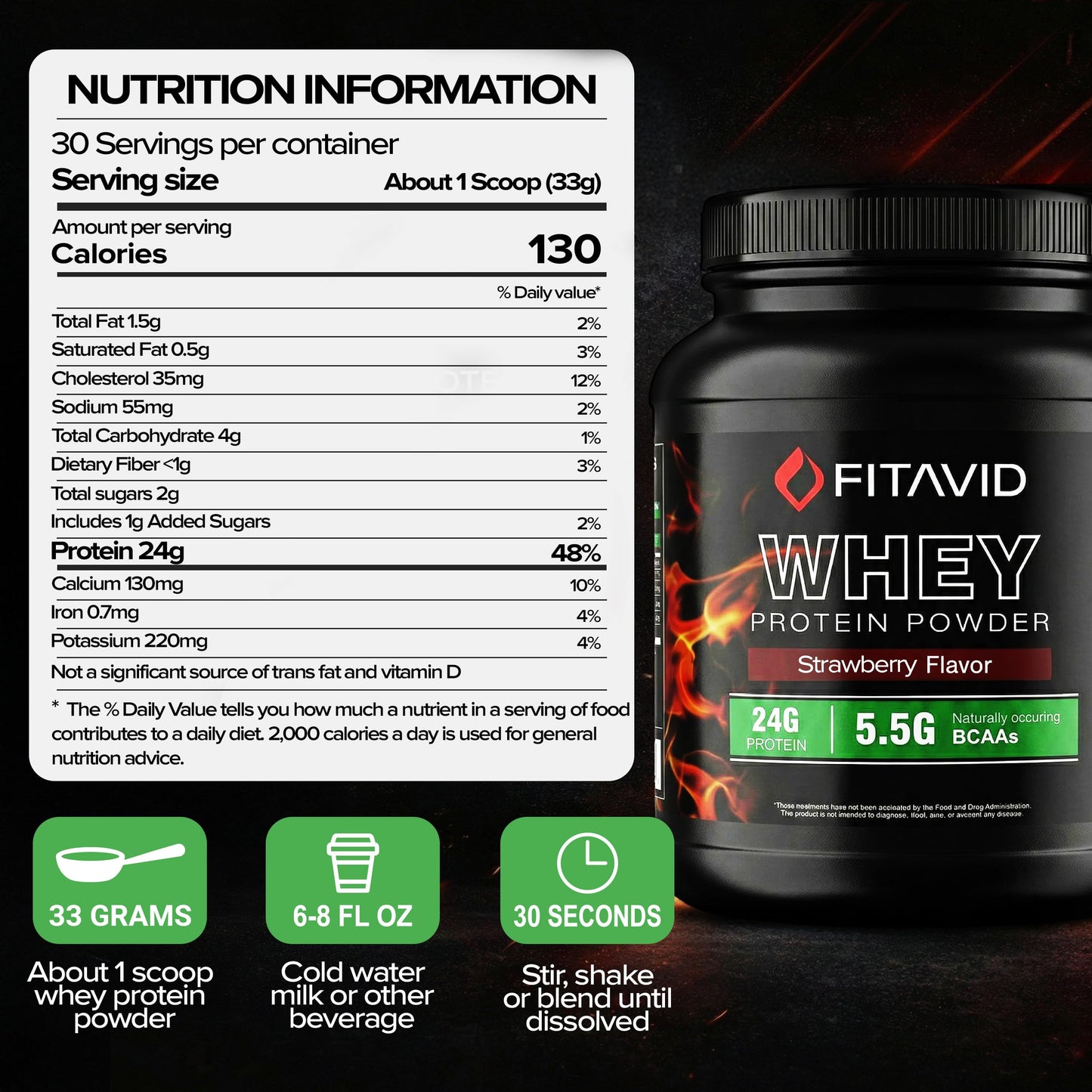 FITAVID Whey Protein Powder, 32 Servings