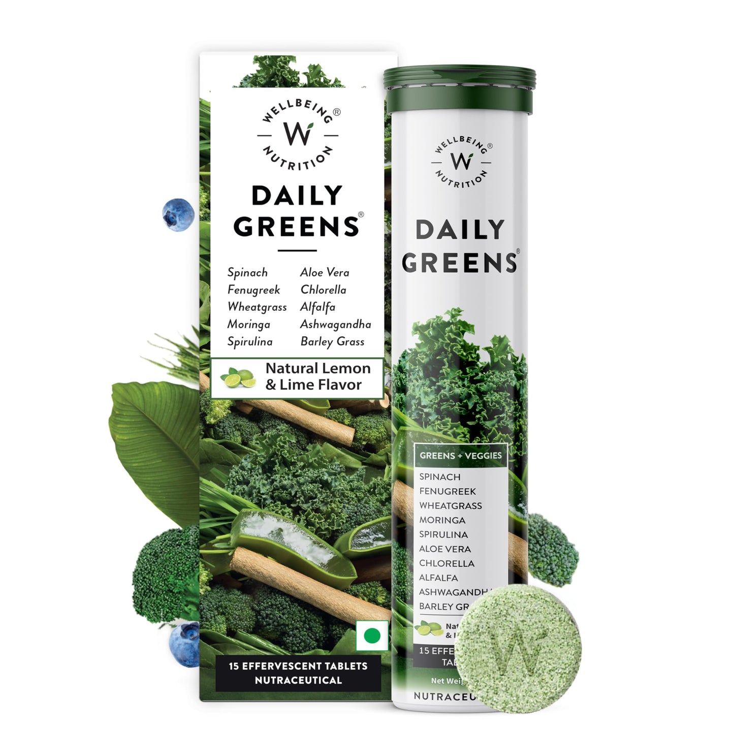 WELLBEING NUTRITION Daily Greens Wholefood Multivitamin with Vitamin C, Zinc, B6, B12 for Immunity and Detox, 39+ Organic Certified Plant Superfoods & Antioxidants, 30 Tablets