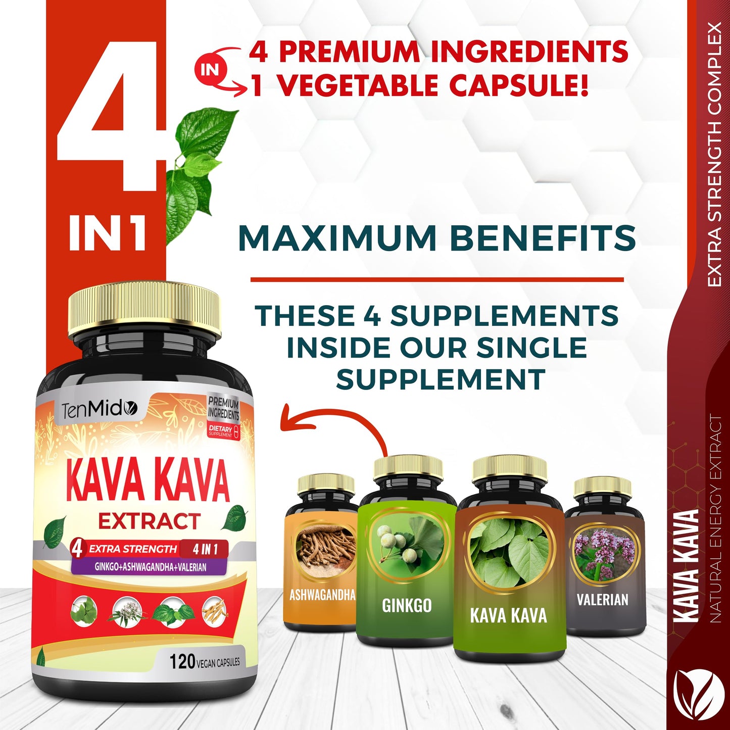 Tenmido Kava Kava Supplement Extract, 120 Capsules