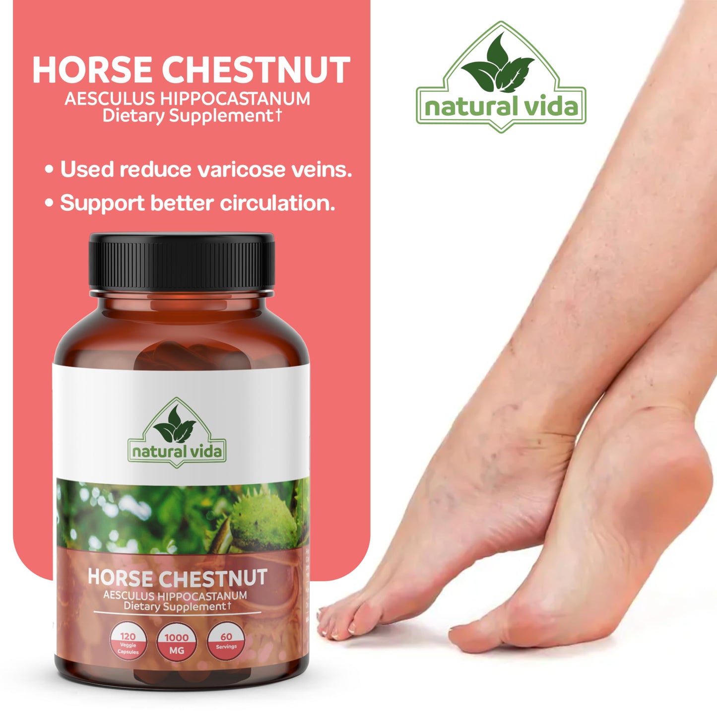 Natural Vida Horse Chestnut Extract Aescin 20% - 1000mg Vegan Capsules, 120 Count