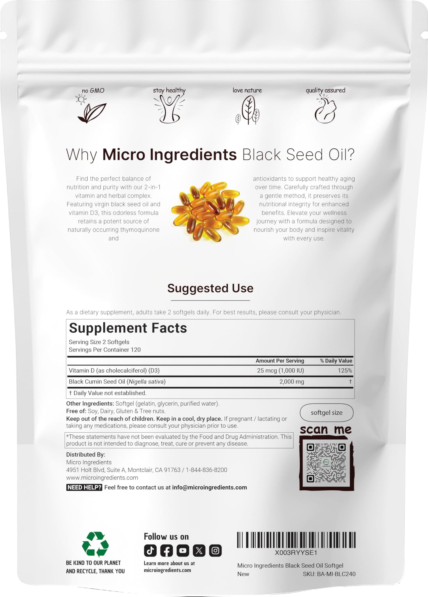 Micro Ingredients Black Seed Oil with Vitamin D3 1000 IU Softgels, 240 Count