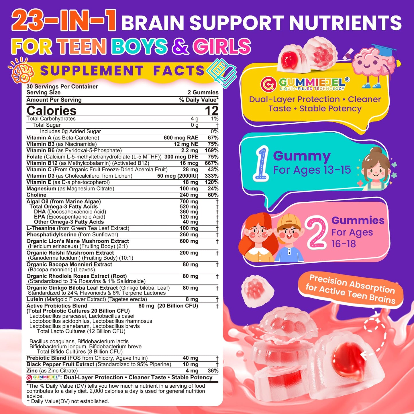 LILICARE Teen Brain Focus Vitamin Gummies with Omega-3 Lion's Mane Mushroom, 60 Count