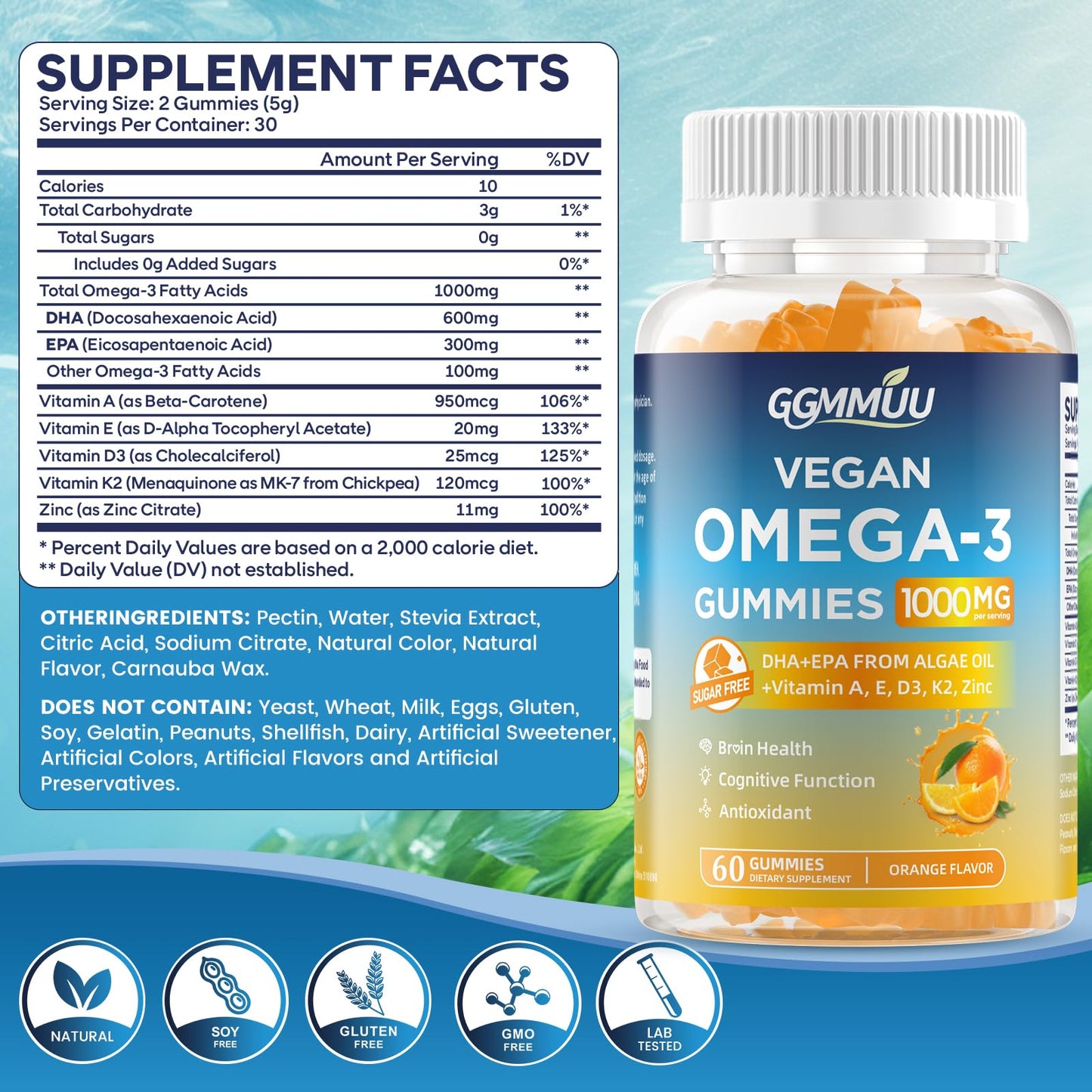 GGMMUU Vegan Omega 3 1000mg Orange Flavor Sugar Free, Gummy, 60 Count