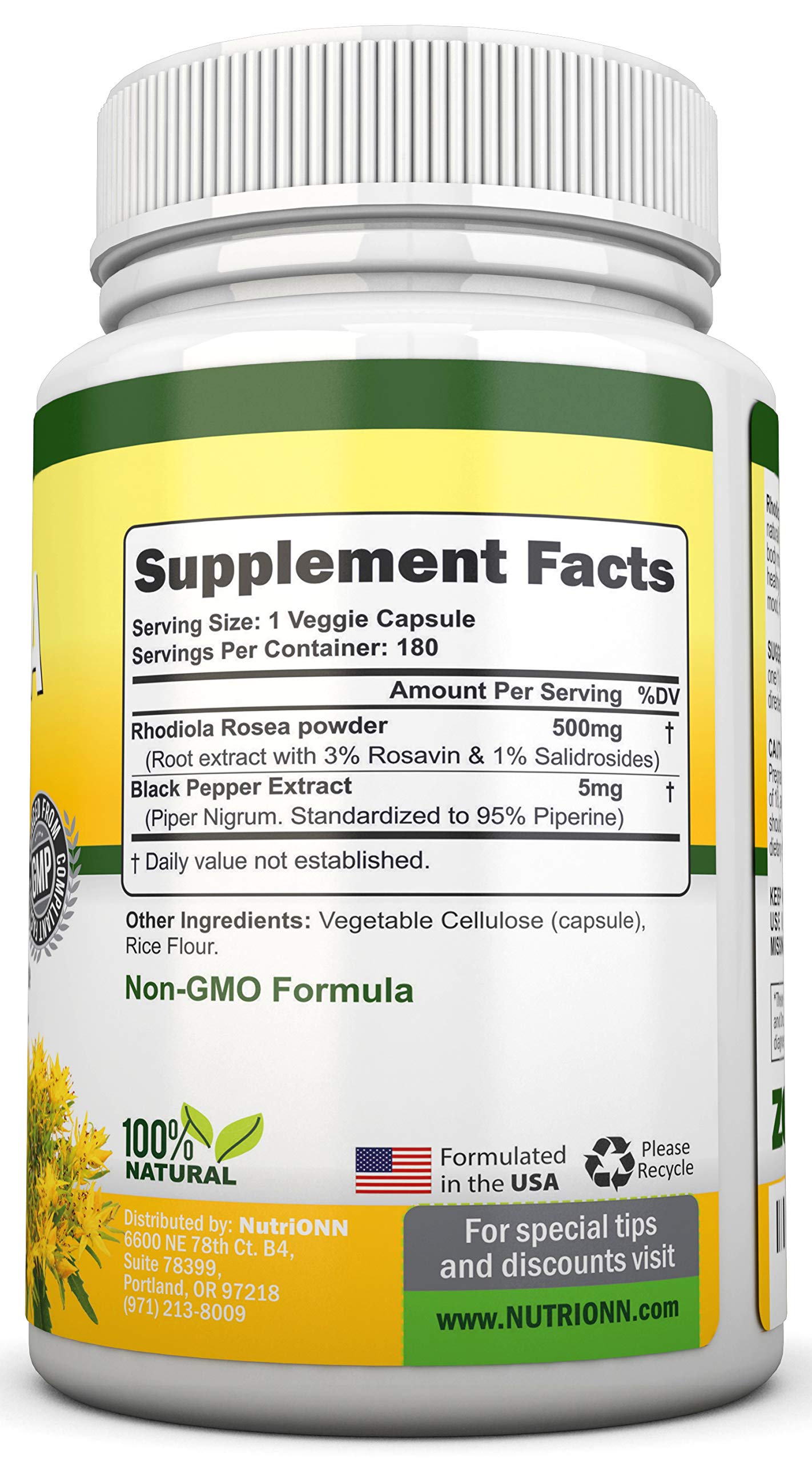 NutriONN Rhodiola Rosea 500mg Capsules 180 Count