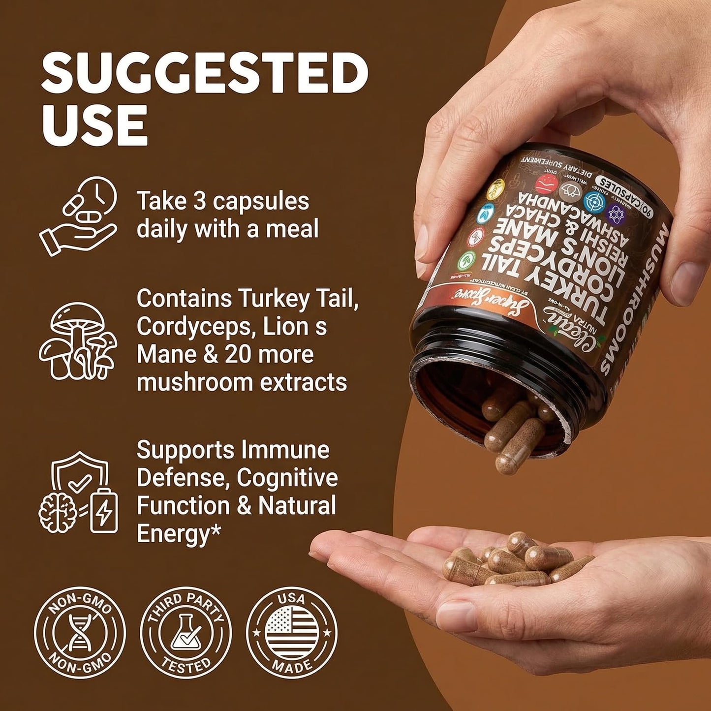 Clean Nutraceuticals Organic Turkey Tail Mushroom Supplement Capsules, 90 Count
