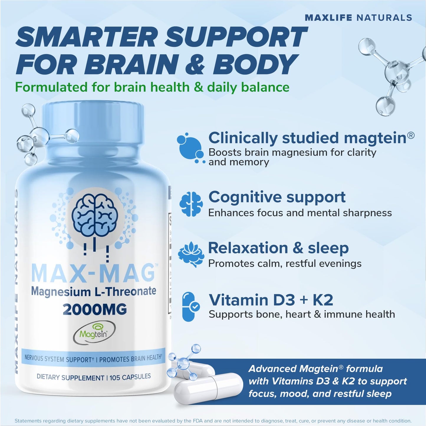 MaxLife Naturals Max-Mag Magnesium L-Threonate 2000mg Supplement Capsule 105