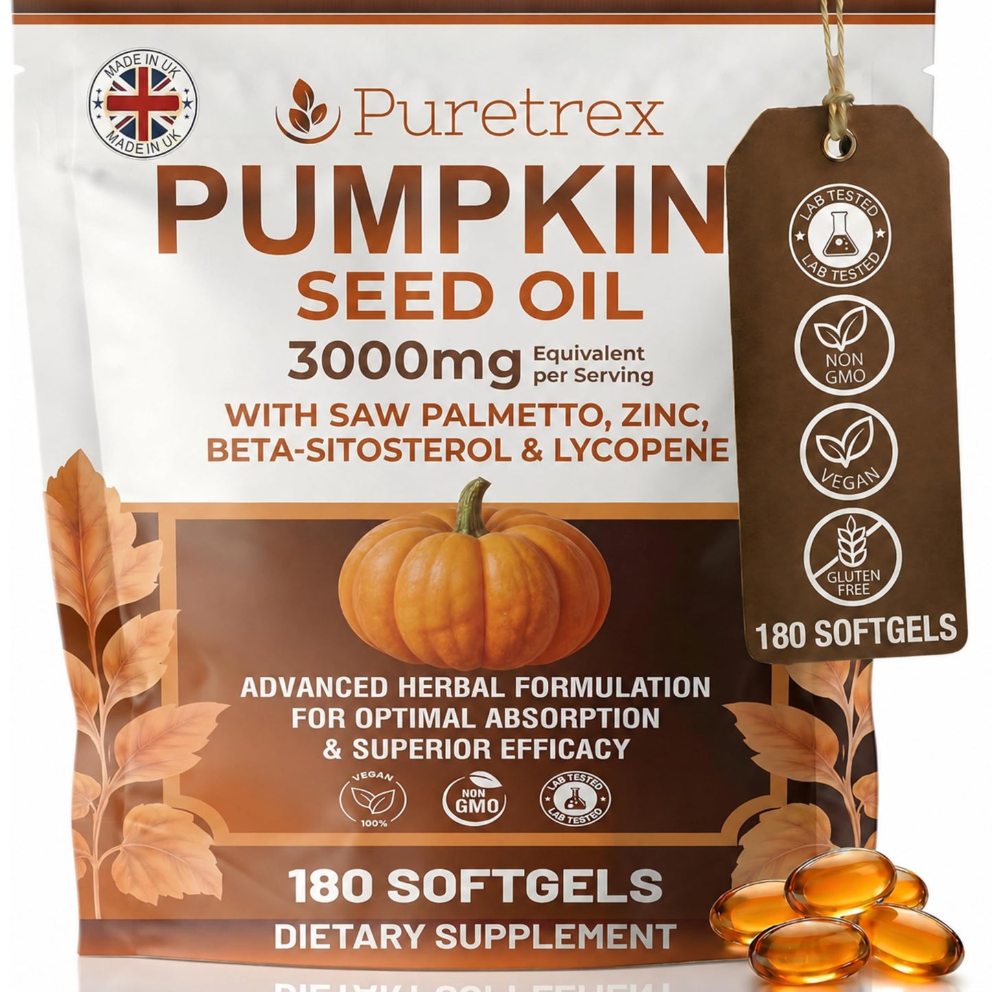 PURETREX Pumpkin Seed Oil with Saw Palmetto, Beta-Sitosterol Softgels 180 Count