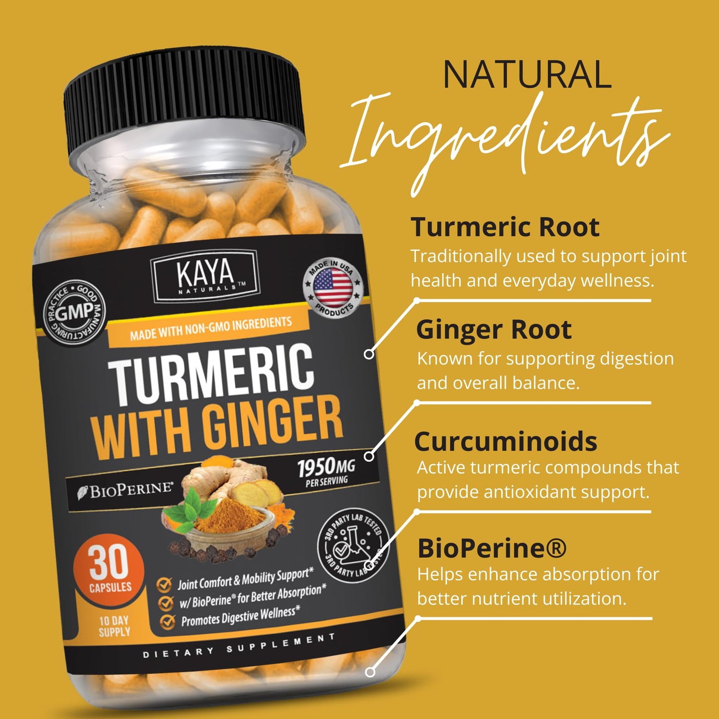 Kaya Naturals Tumeric Curcumin Standardized - Tumeric Ginger Supplement Movement Support with Bioperine - 1950mg - 30 Capsules