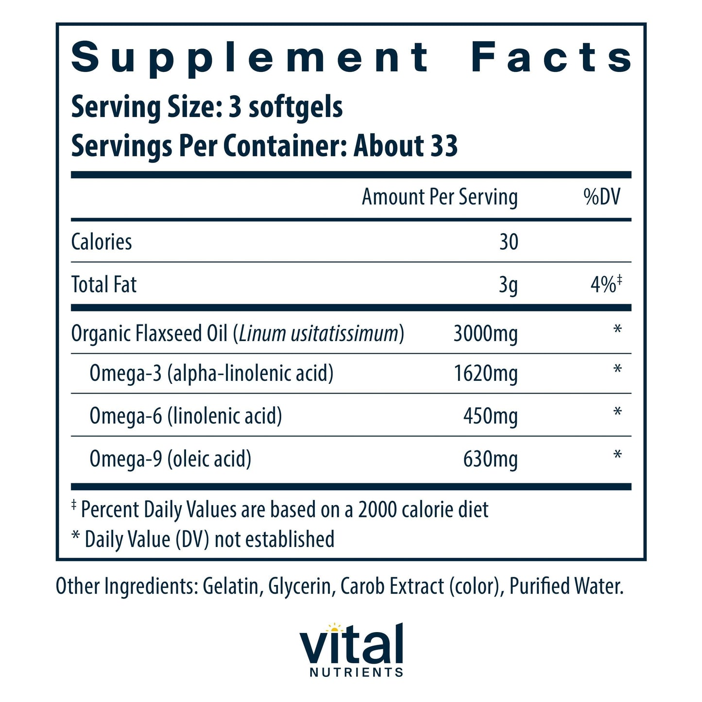 Vital Nutrients Flax Seed Oil 3000mg Softgels 100 Count