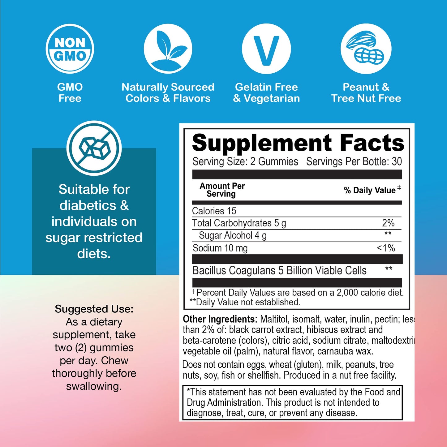 YUM-V'S Sugar Free Probiotic Gummies 120 Count