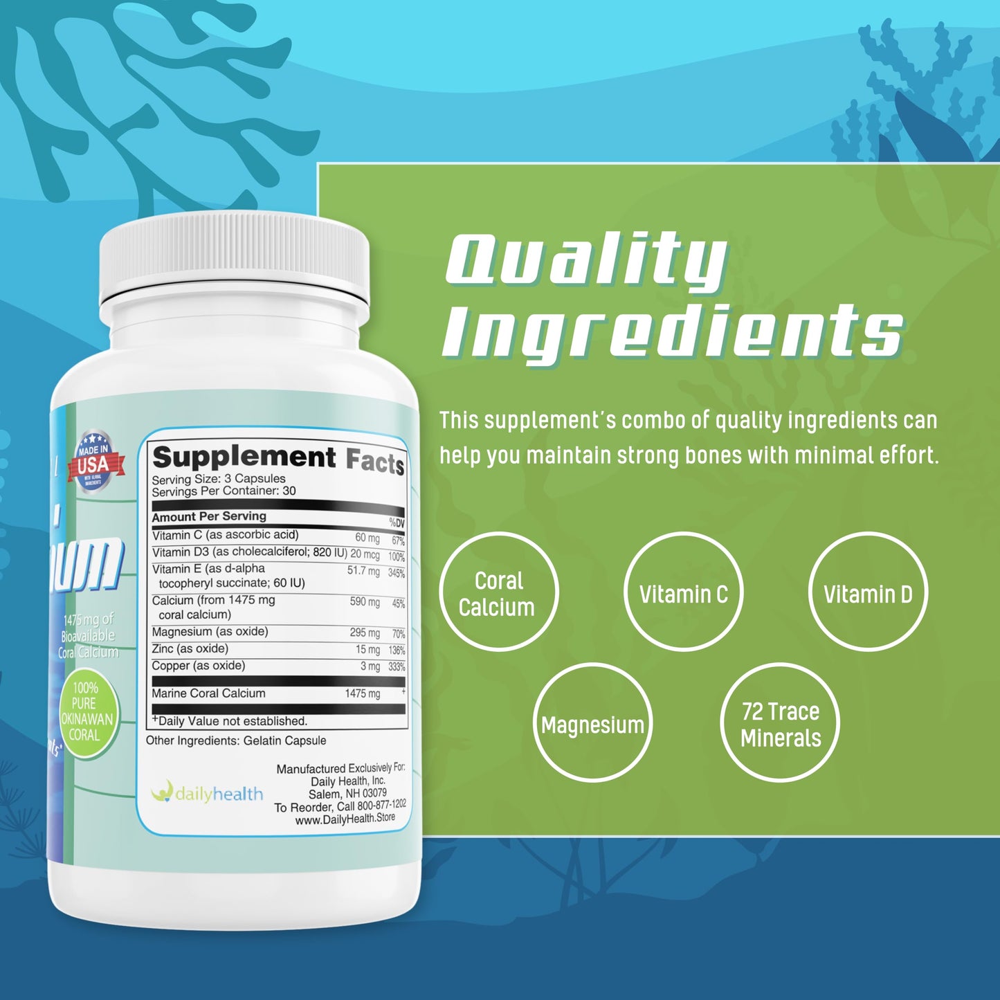 Daily Health Pure Okinawa Coral Calcium Marine-Grade Supplement with 72 Trace Minerals 1475mg, 270 Capsules