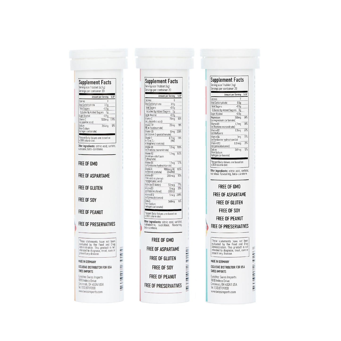 Swiss Imports Effervescent Variety Pack with Vitamin C 1000mg, Magnesium + B Complex, Multivitamin + Biotin, 240 Tablets